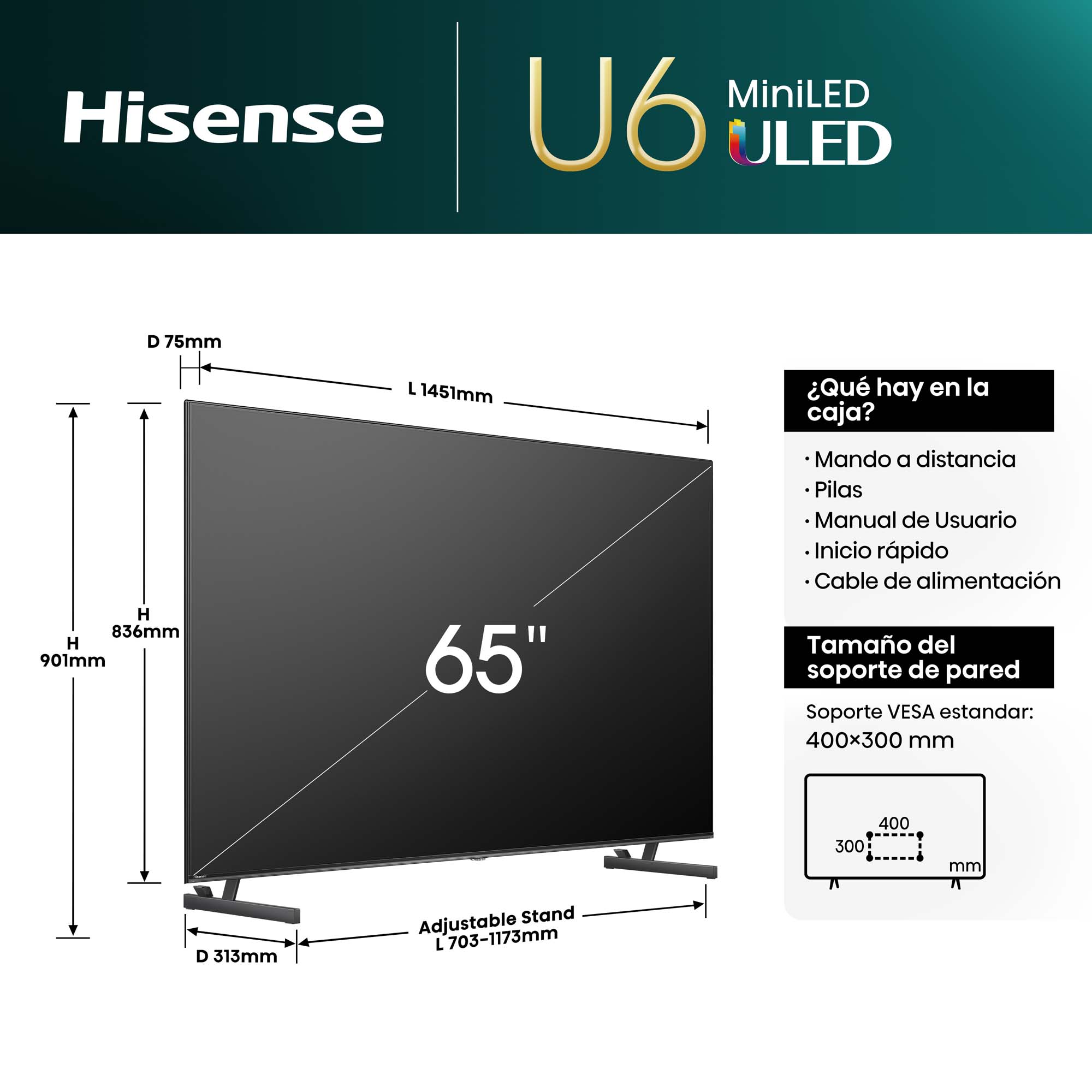 Hisense - Mini-LED TV 65U6NQ, Quantum Dot Colour, Full Array Local Dimming, Dolby Vision & Dolby Atmos