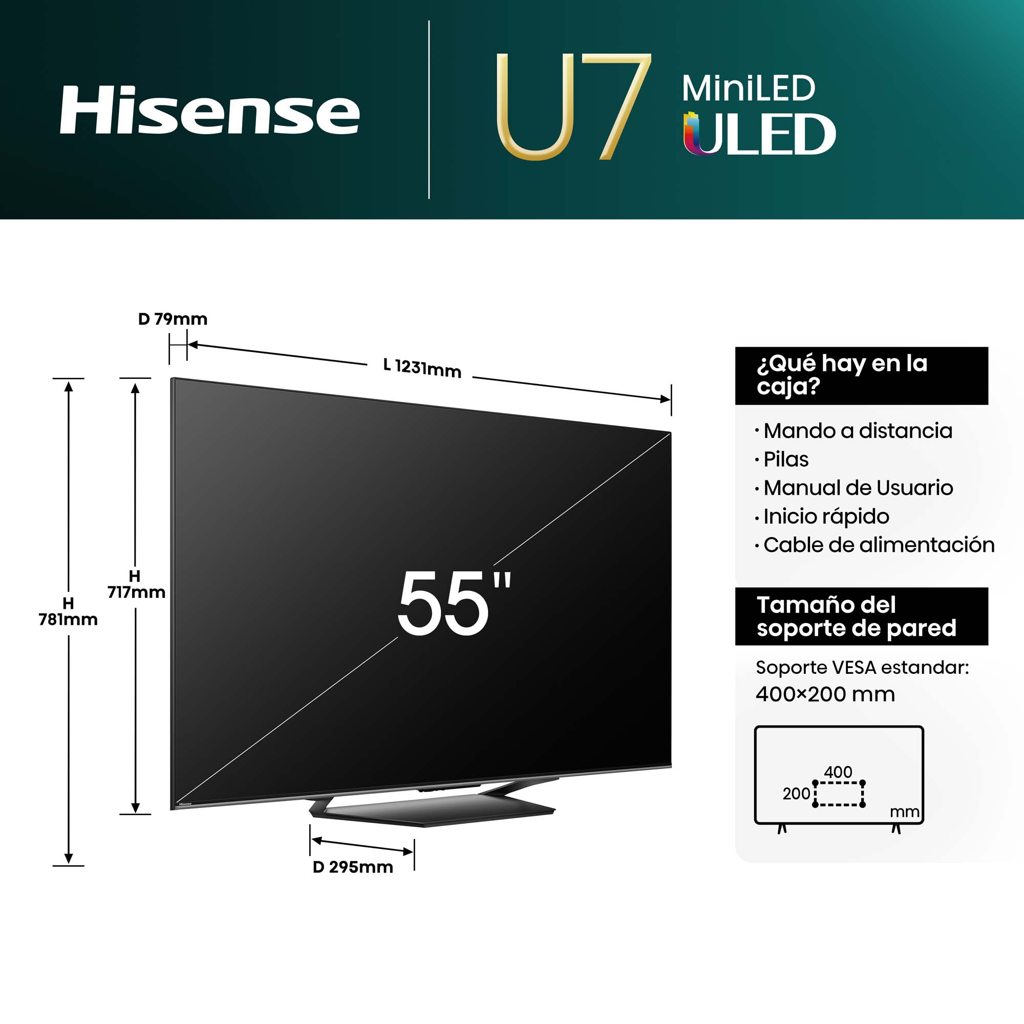 Hisense - Mini-LED TV 55U7NQ, Quantum Dot Colour, Modo Jogo de 144Hz, Full Array Local Dimming