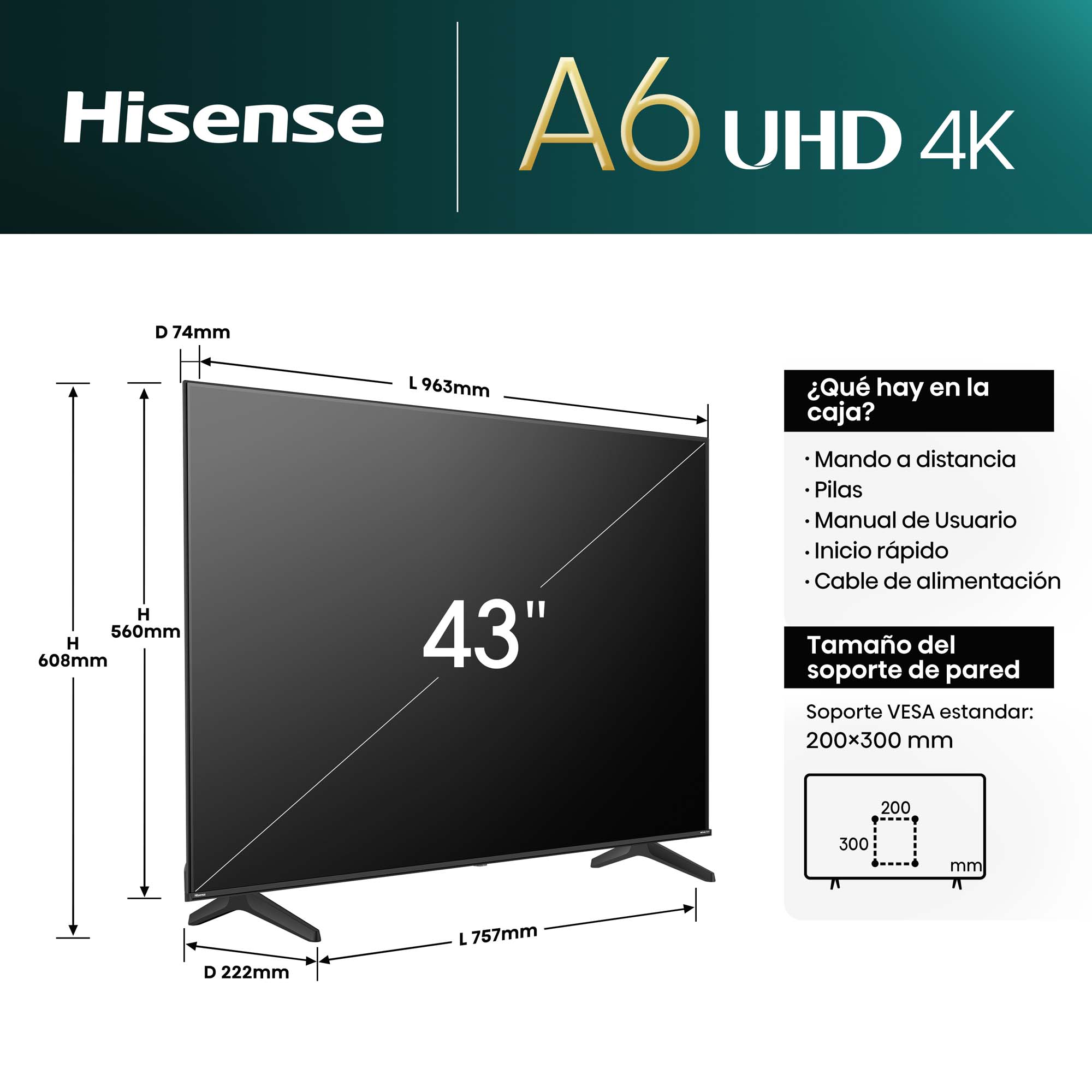Hisense - 4K TV 43A6N, VIDAA Smart TV, Dolby Vision, Alexa integrado & VIDAA Voice