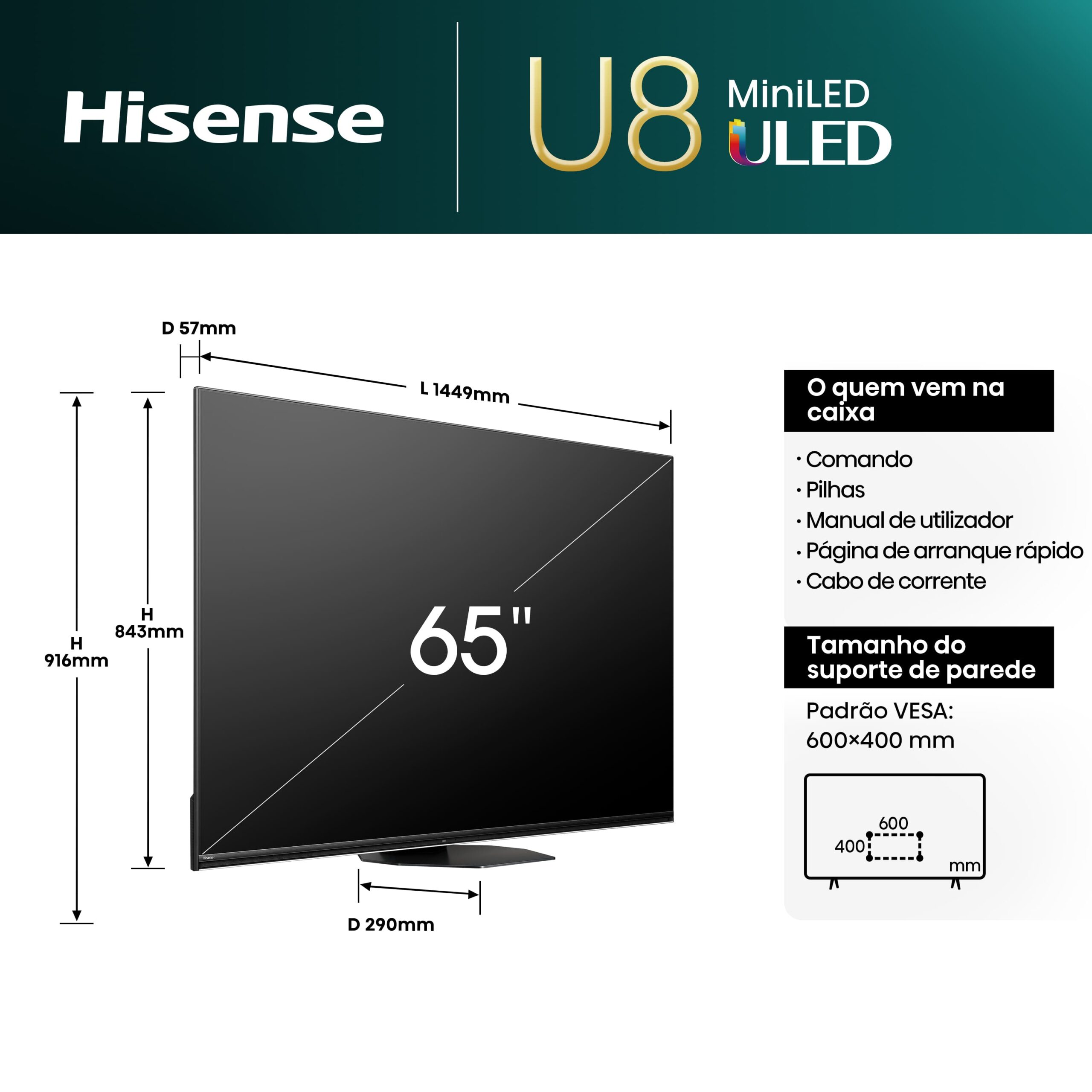 Hisense - Mini-LED TV 65U8NQ, Quantum Dot Colour, 2.1.2 Som multicanal, Modo Jogo de 144Hz