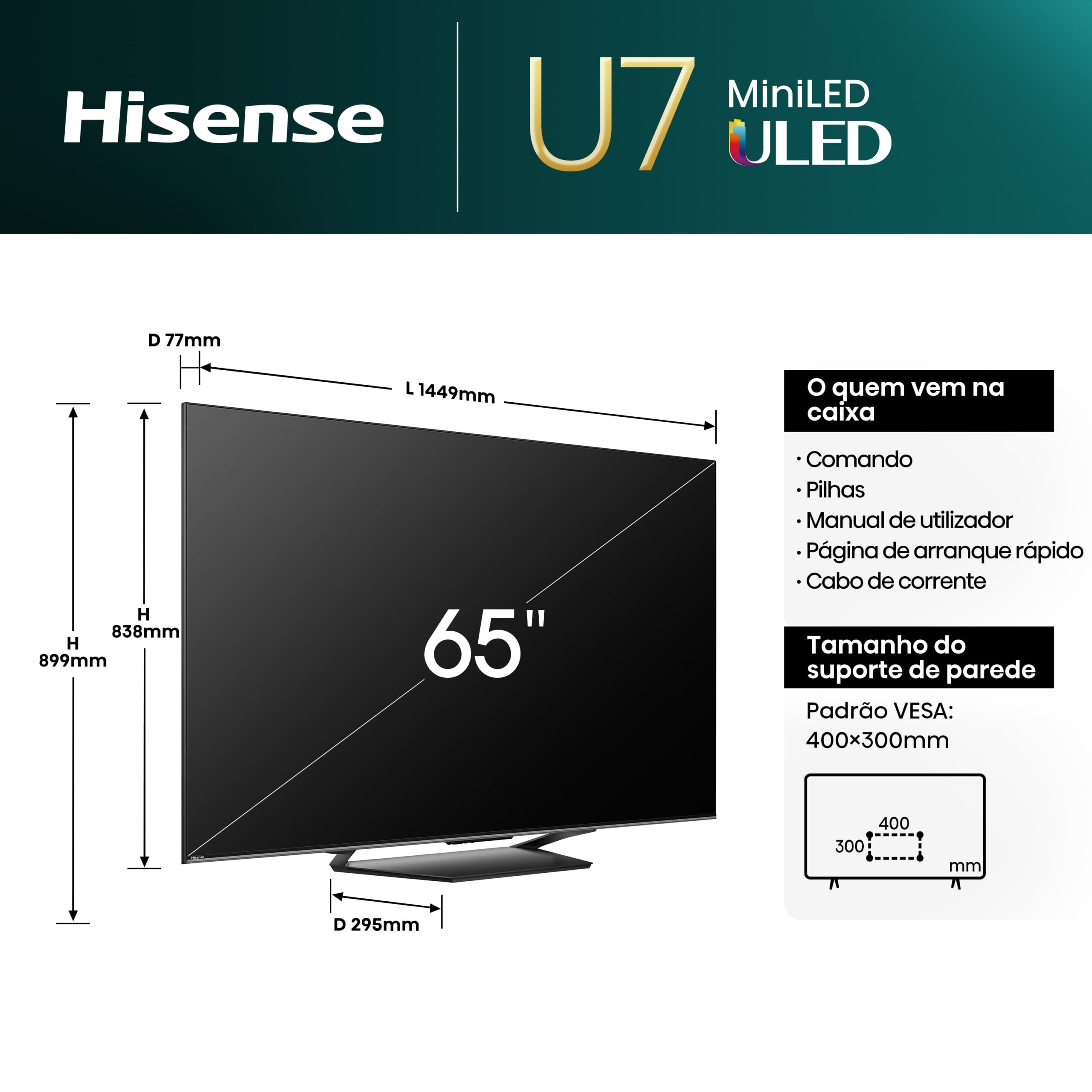 Hisense - Mini-LED TV 65U7NQ, Quantum Dot Colour, Modo Jogo de 144Hz, Full Array Local Dimming