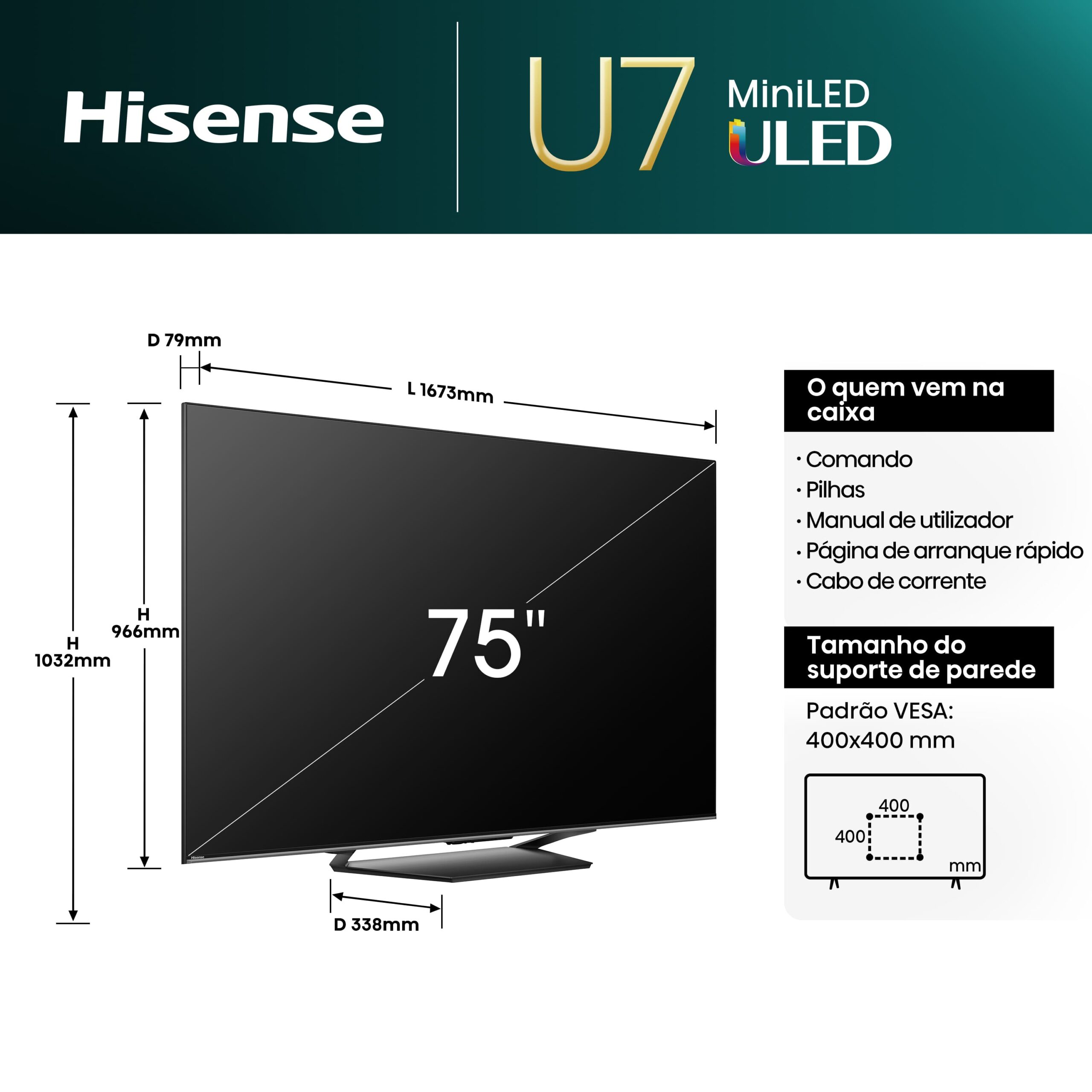 Hisense - Mini-LED TV 75U7NQ, Quantum Dot Colour, Modo Jogo de 144Hz, Full Array Local Dimming