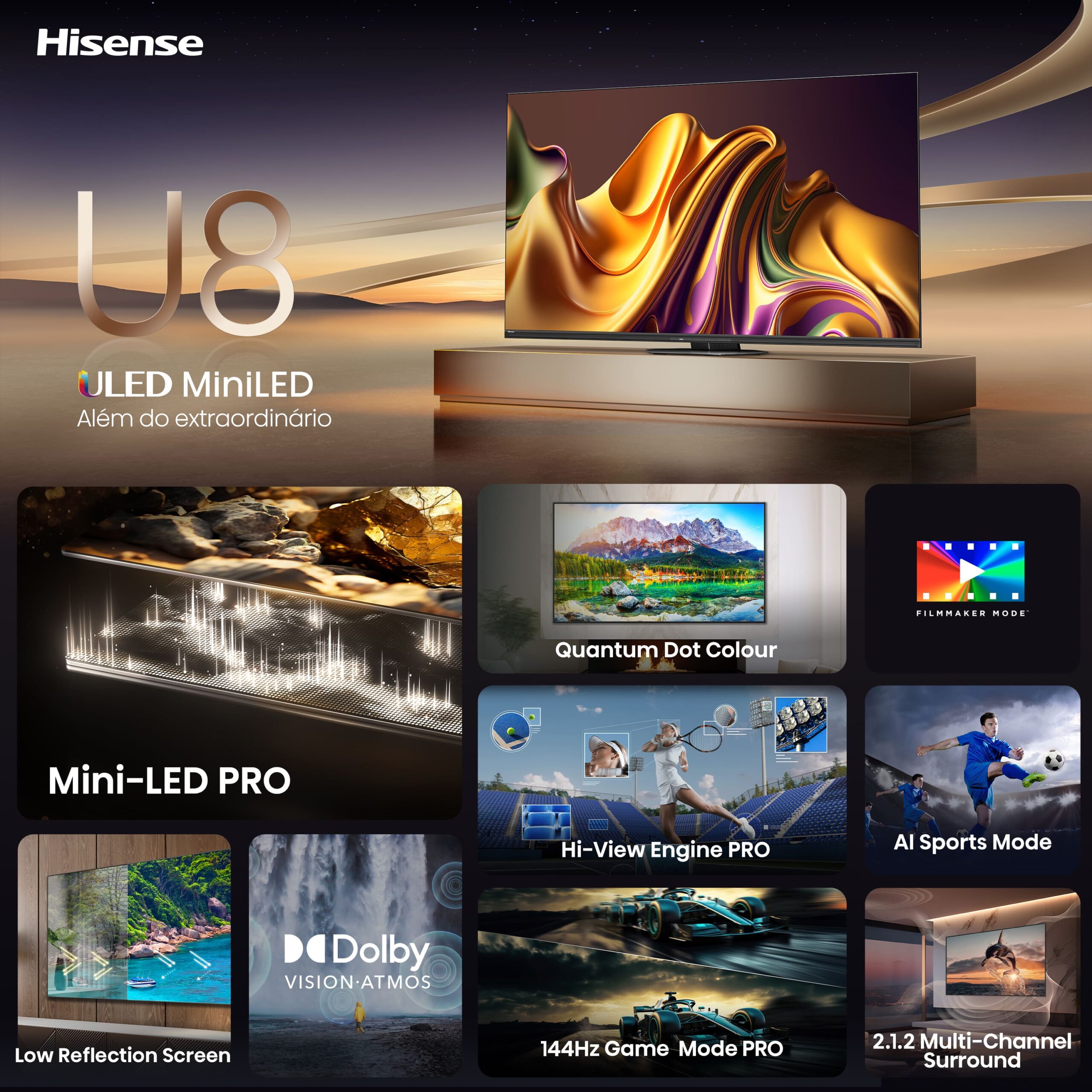 Hisense - Mini-LED TV 65U8NQ, Quantum Dot Colour, 2.1.2 Som multicanal, Modo Jogo de 144Hz