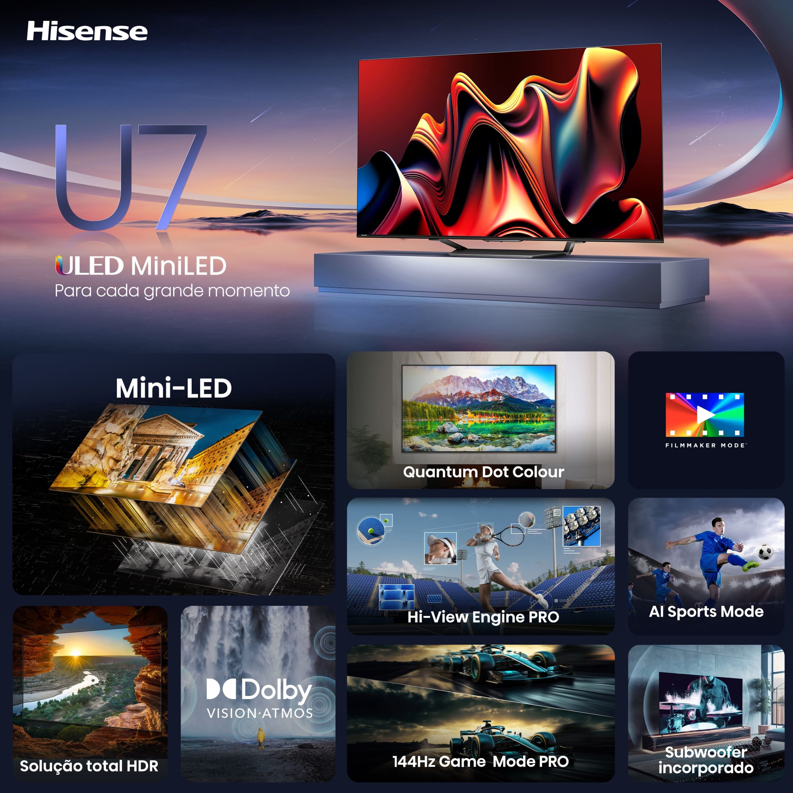 Hisense - Mini-LED TV 65U7NQ, Quantum Dot Colour, Modo Jogo de 144Hz, Full Array Local Dimming