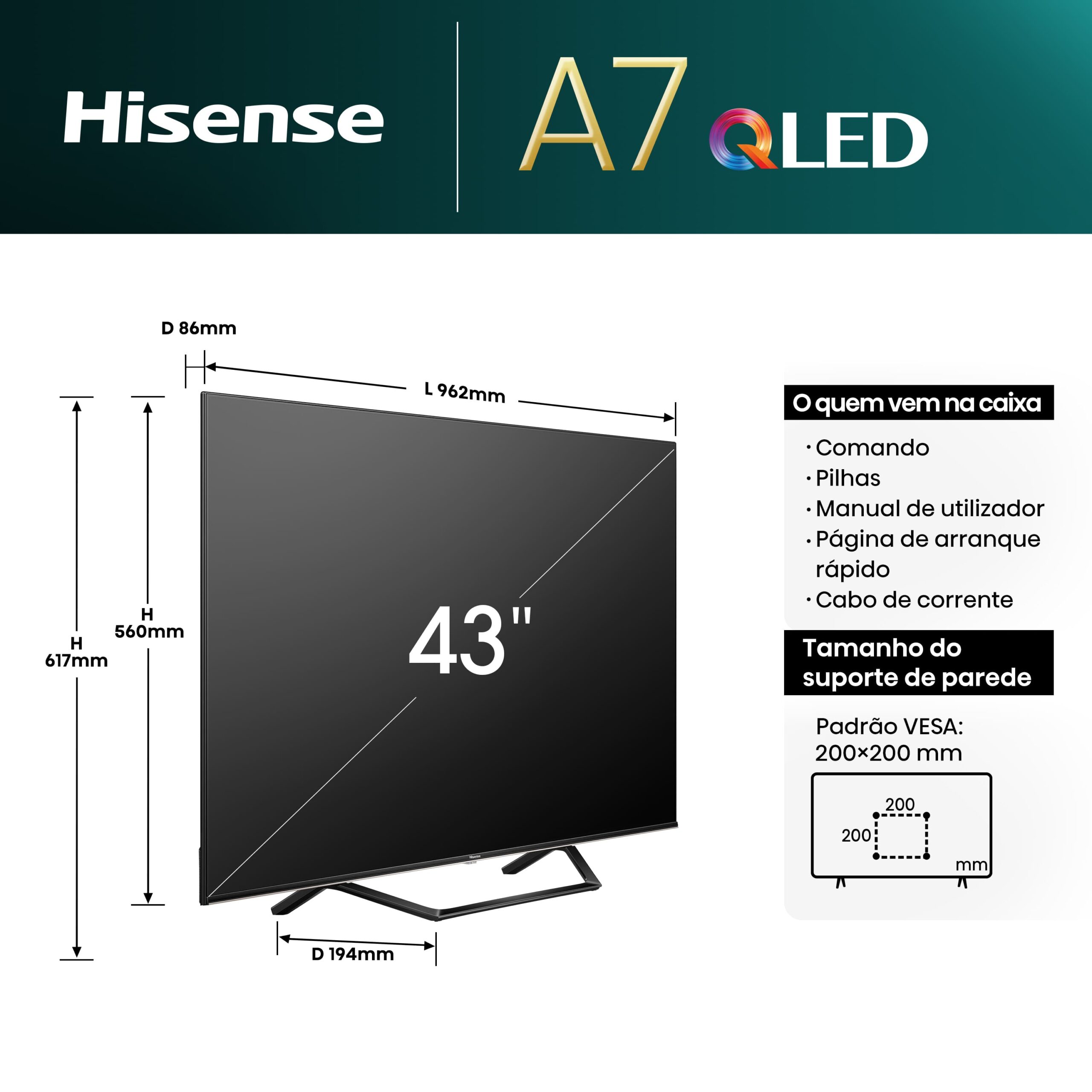 Hisense - QLED TV 43A7NQ Smart TV, Quantum Dot Colour, Dolby Vision & Atmos, Alexa Built in & VIDAA Voice