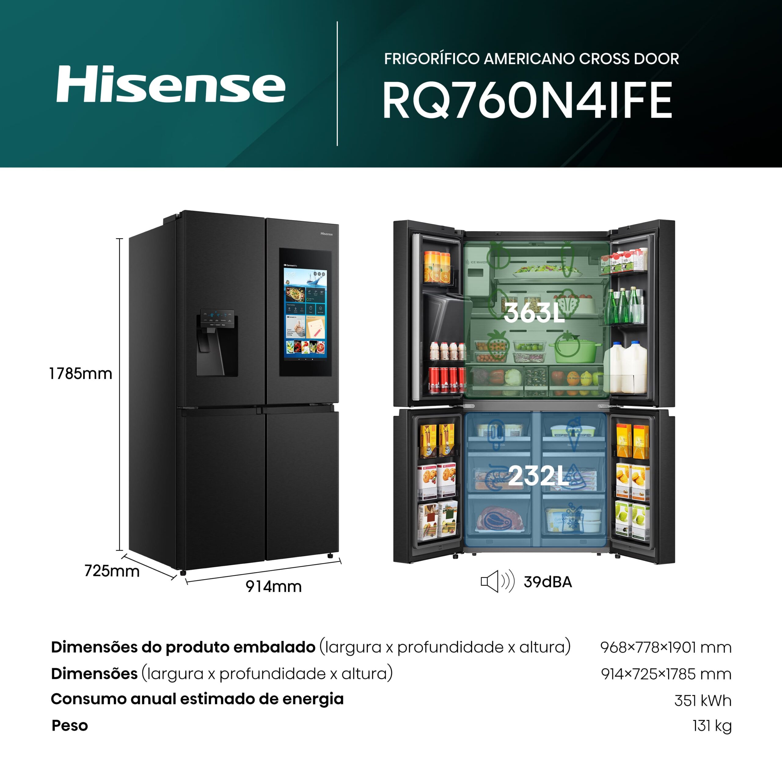 Hisense - RQ760N4IFE – Frigorífico Americano Cross Door, Classe E, 577L