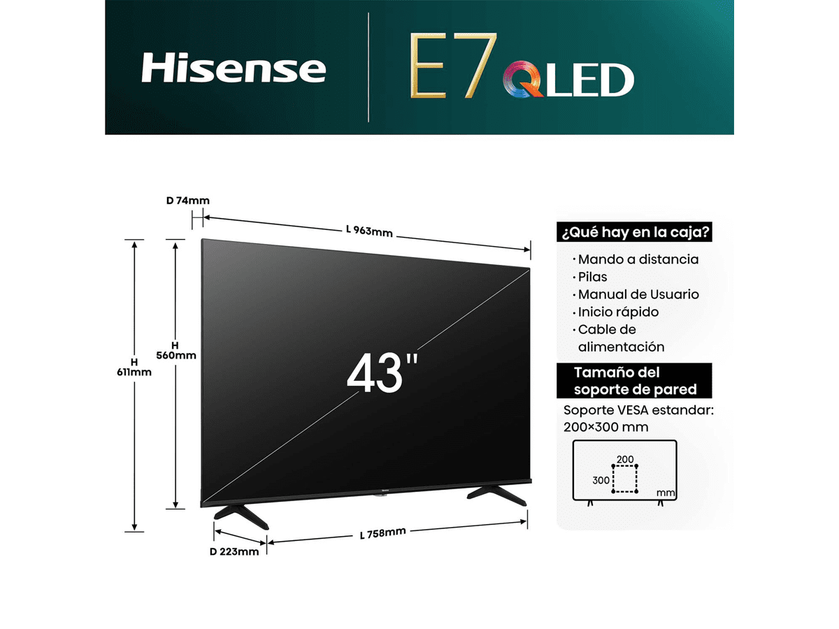 Hisense - QLED TV 43E7NQ Smart TV, Quantum Dot Colour, Dolby Vision & Atmos, Alexa Built in & VIDAA Voice