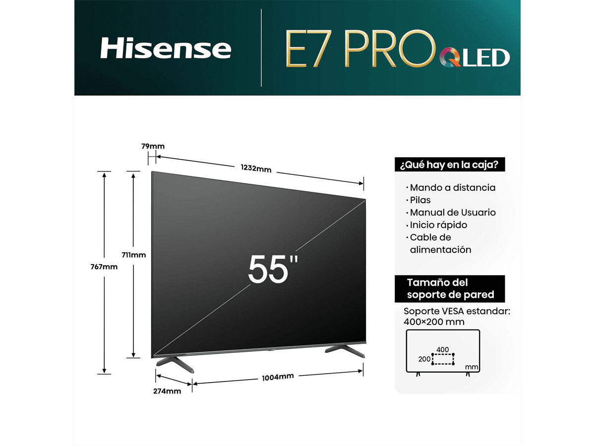 Hisense - QLED 55E7NQ Pro, Gaming TV, Modo Jogo de 144Hz, FALD, AMD Freesync Premium Pro