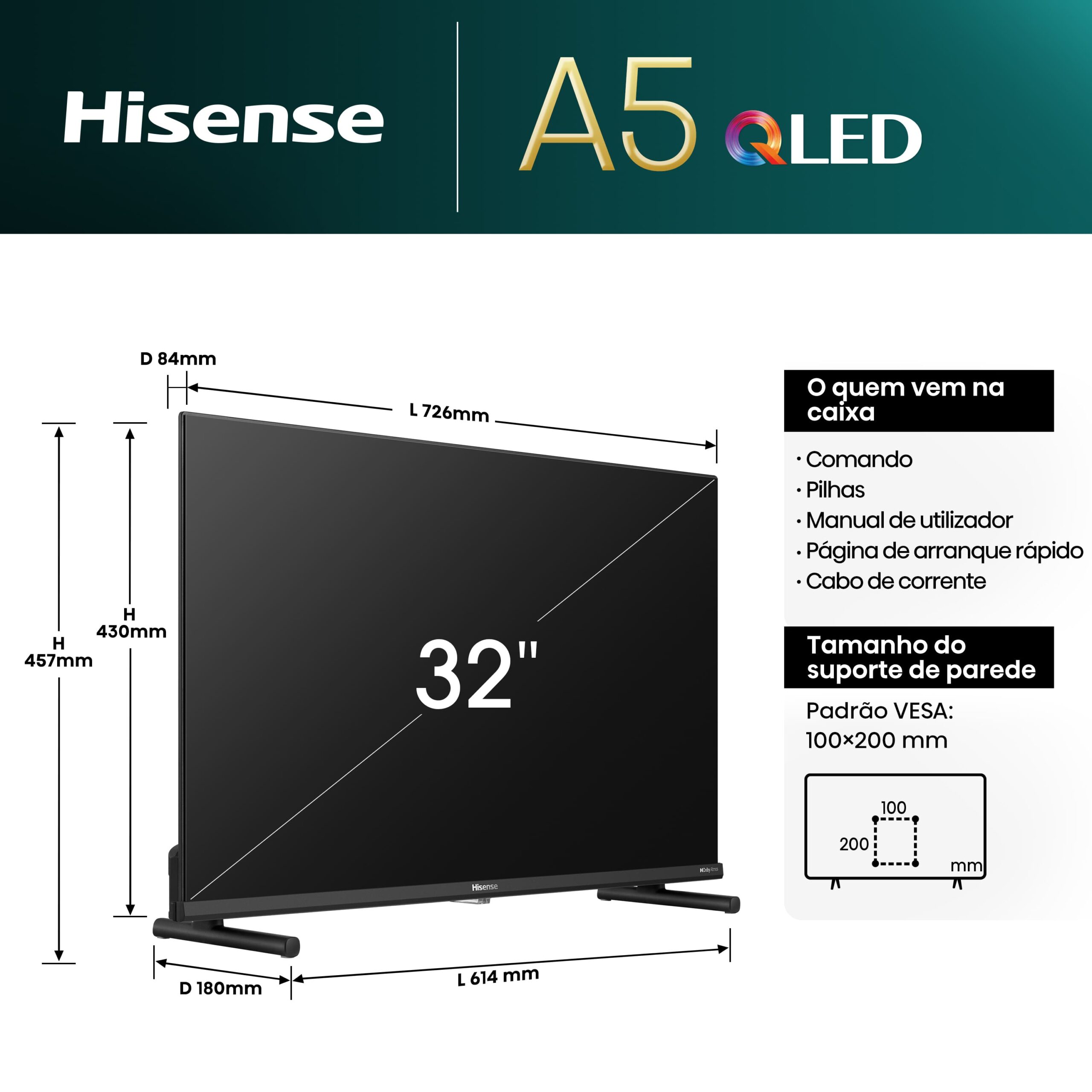 Hisense - QLED TV 32A5NQ Quantum Dot Colour, Dolby Atmos, VIDAA Smart TV, USB Tipo C