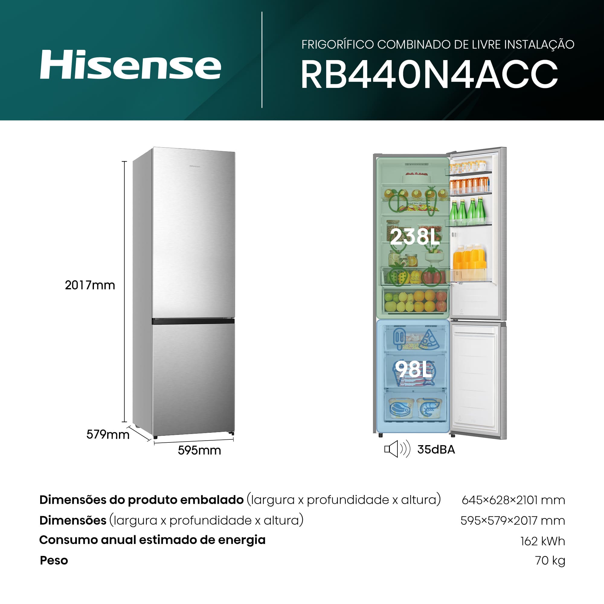 Hisense - RB440N4ACC – Combinado 2 Portas, Classe C, 336L