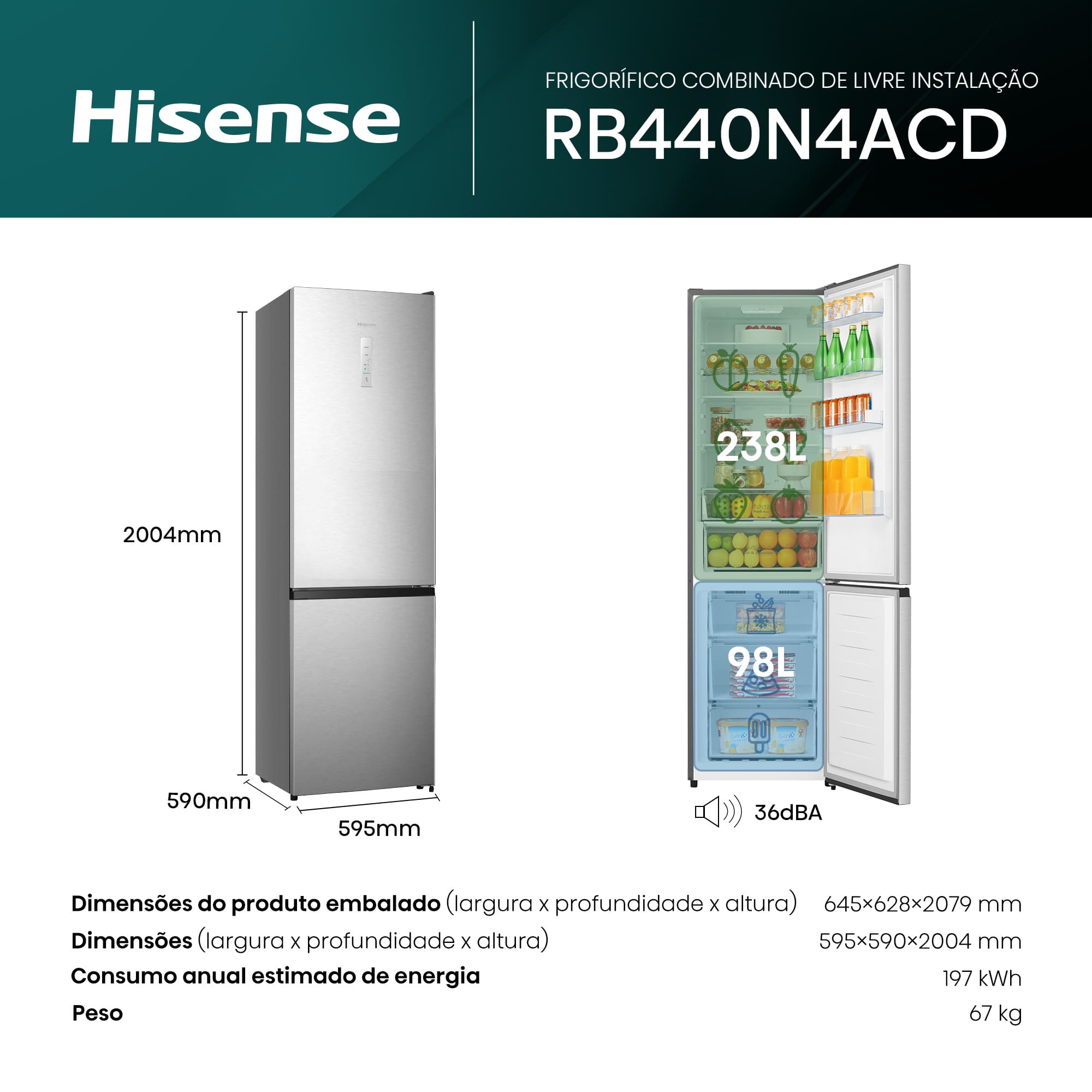 Hisense - RB440N4ACD – Combinado 2 Portas, Classe D, 336L