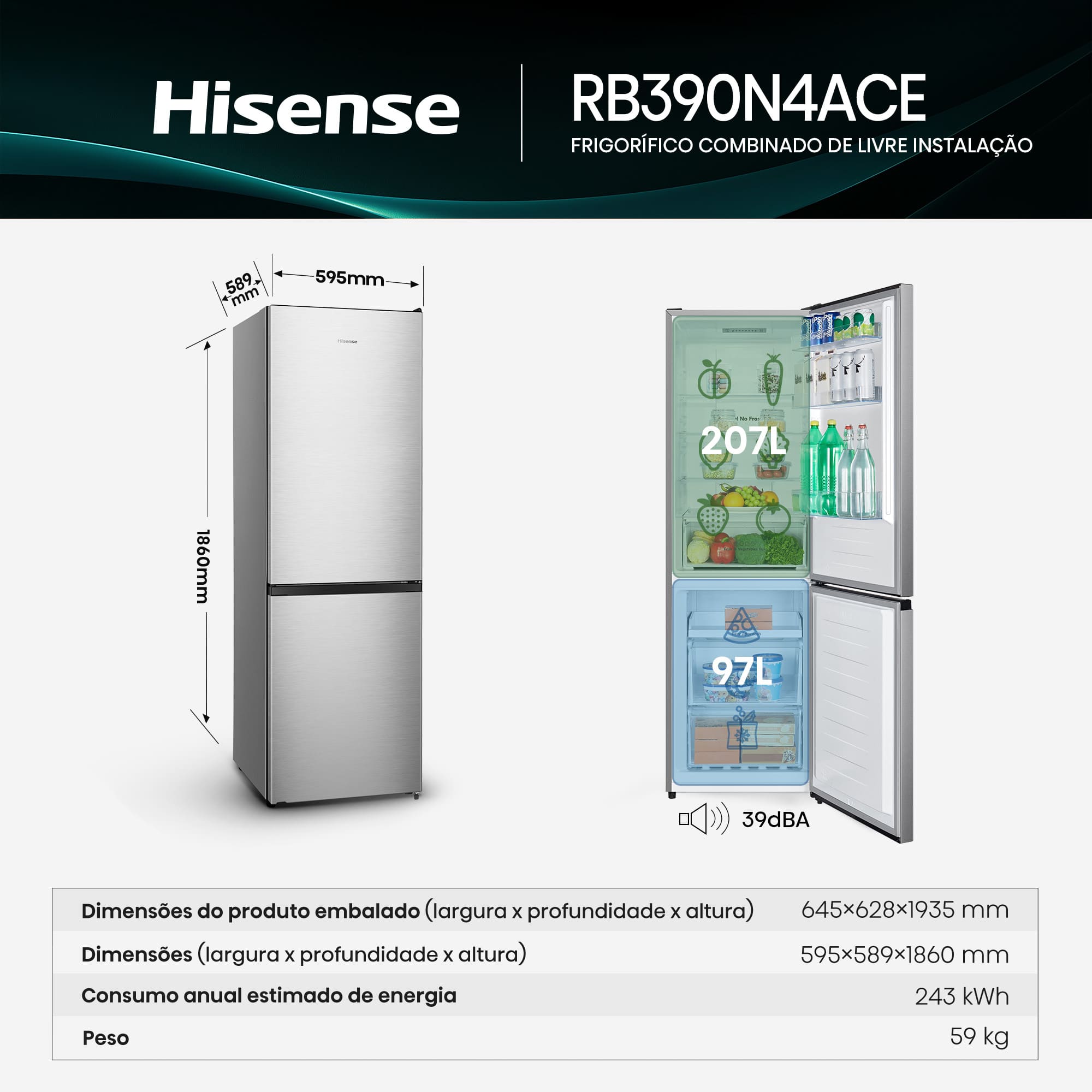 Hisense - RB390N4ACE – Combinado 2 Portas, Classe E, 304L