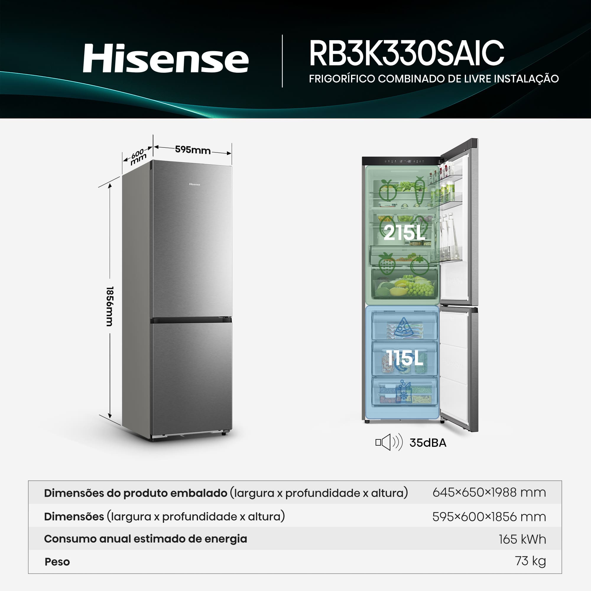 Hisense - RB3K330SAIC – Combinado Kitchen Fit, Classe C, 330L