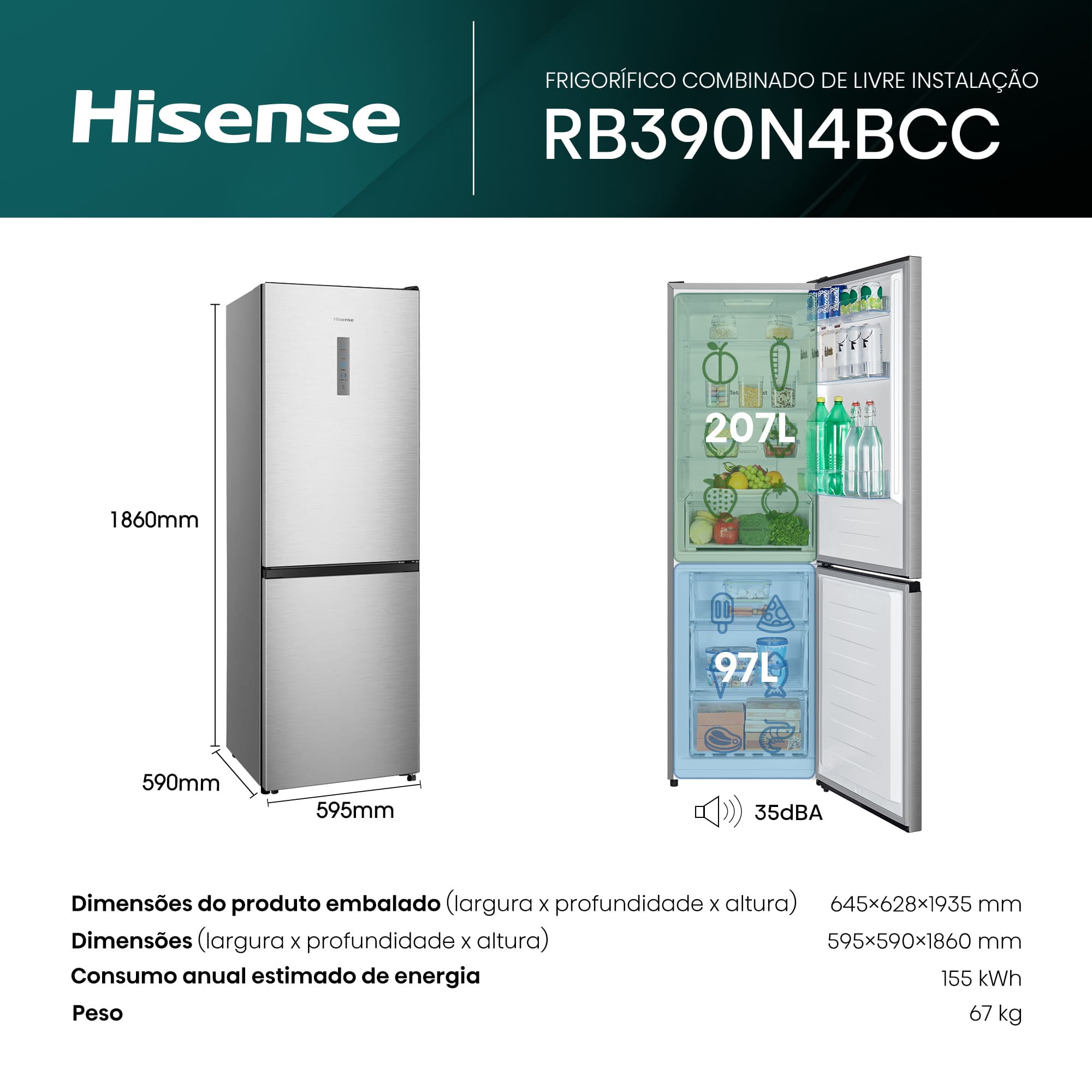 Hisense - RB390N4BCC – Combinado 2 Portas, Classe C, 304L