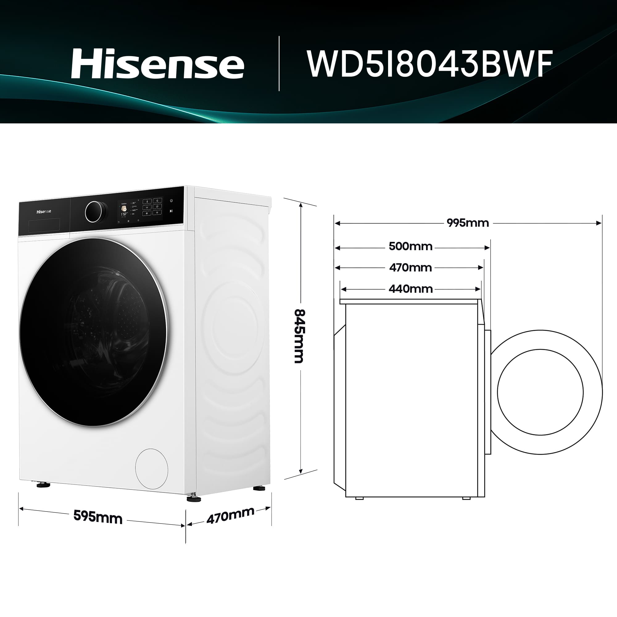 Hisense - WD5I8043BWF – Máquina de Lavar e Secar Roupa Serie 5i, 8/5 Kg, Classe D/A