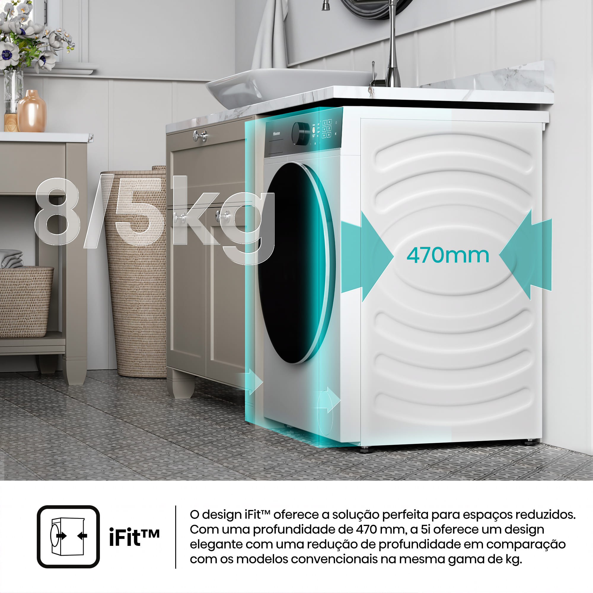 Hisense - WD5I8043BWF – Máquina de Lavar e Secar Roupa Serie 5i, 8/5 Kg, Classe D/A