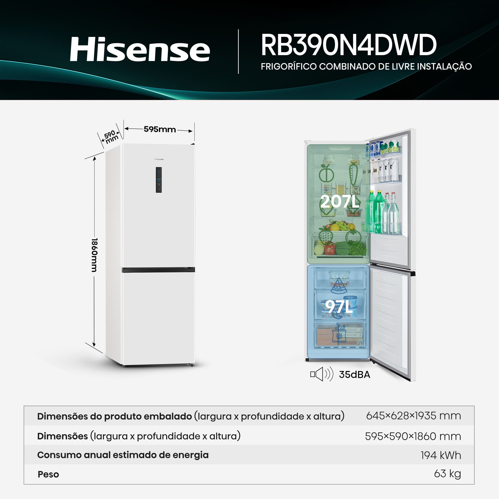 Hisense - RB390N4DWD – Combinado 2 Portas, Classe D, 304L