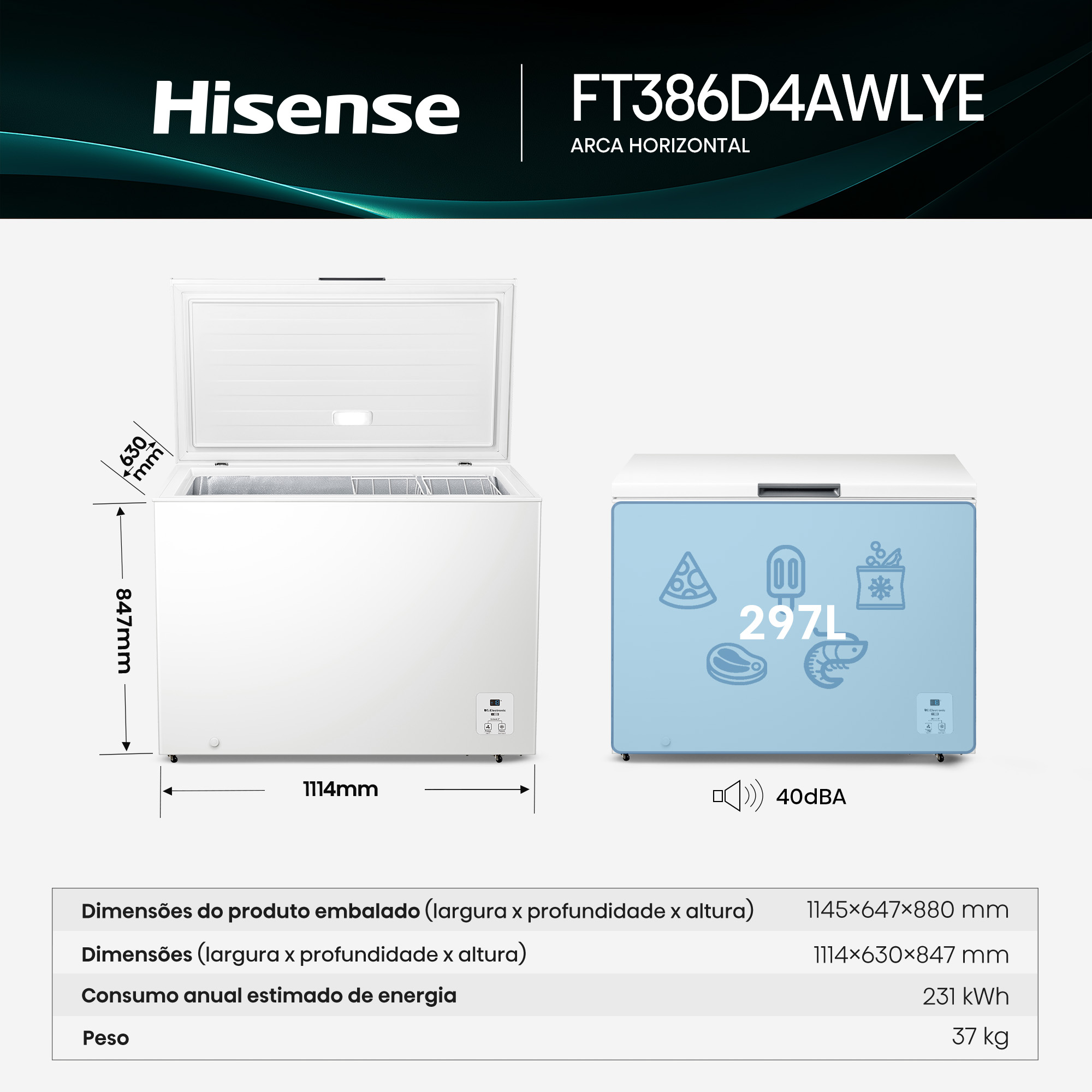 Hisense - FT386D4AWLYE – Arca Horizontal, Classe E, 297L