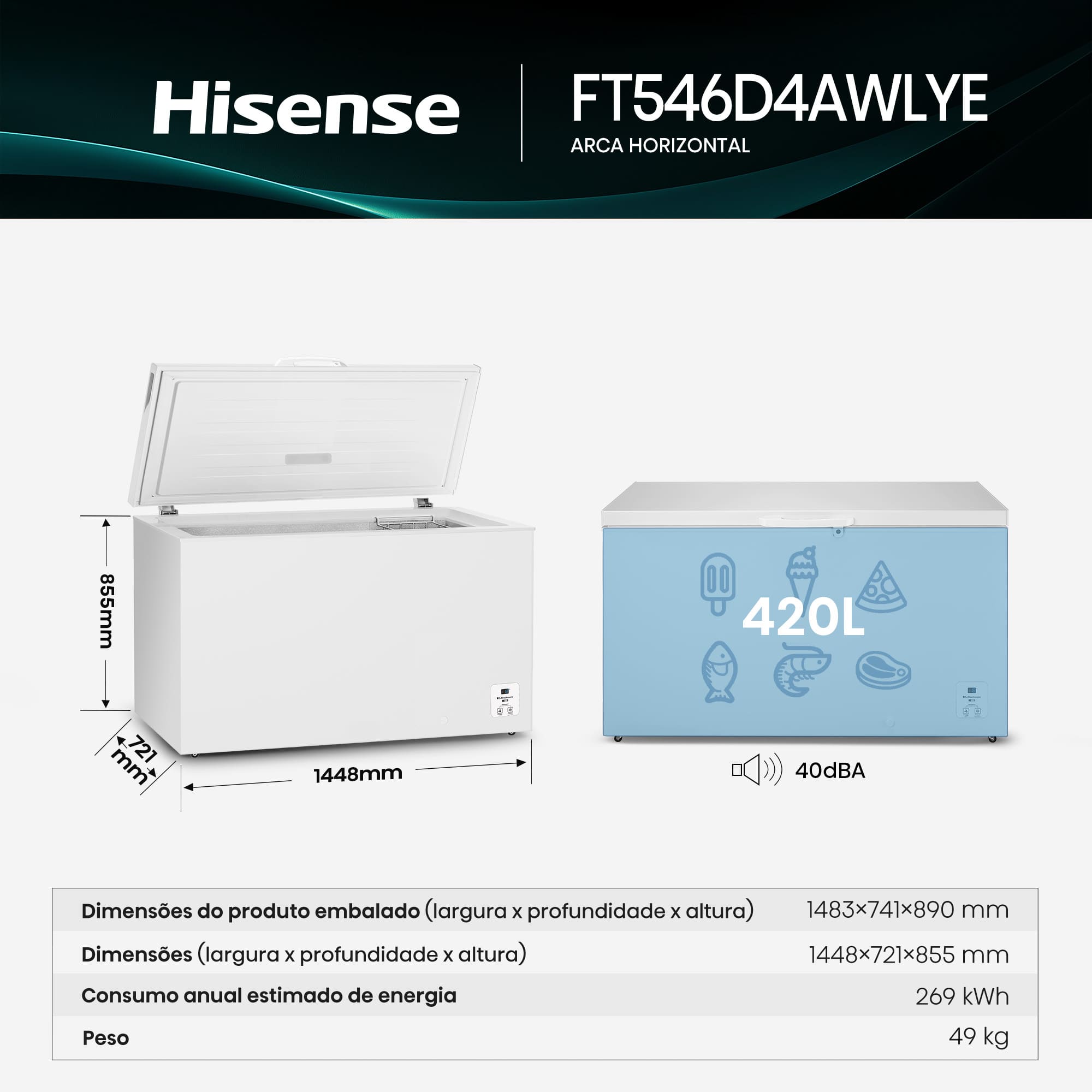 Hisense - FT546D4AWLYE – Arca Horizontal, Classe E, 420L