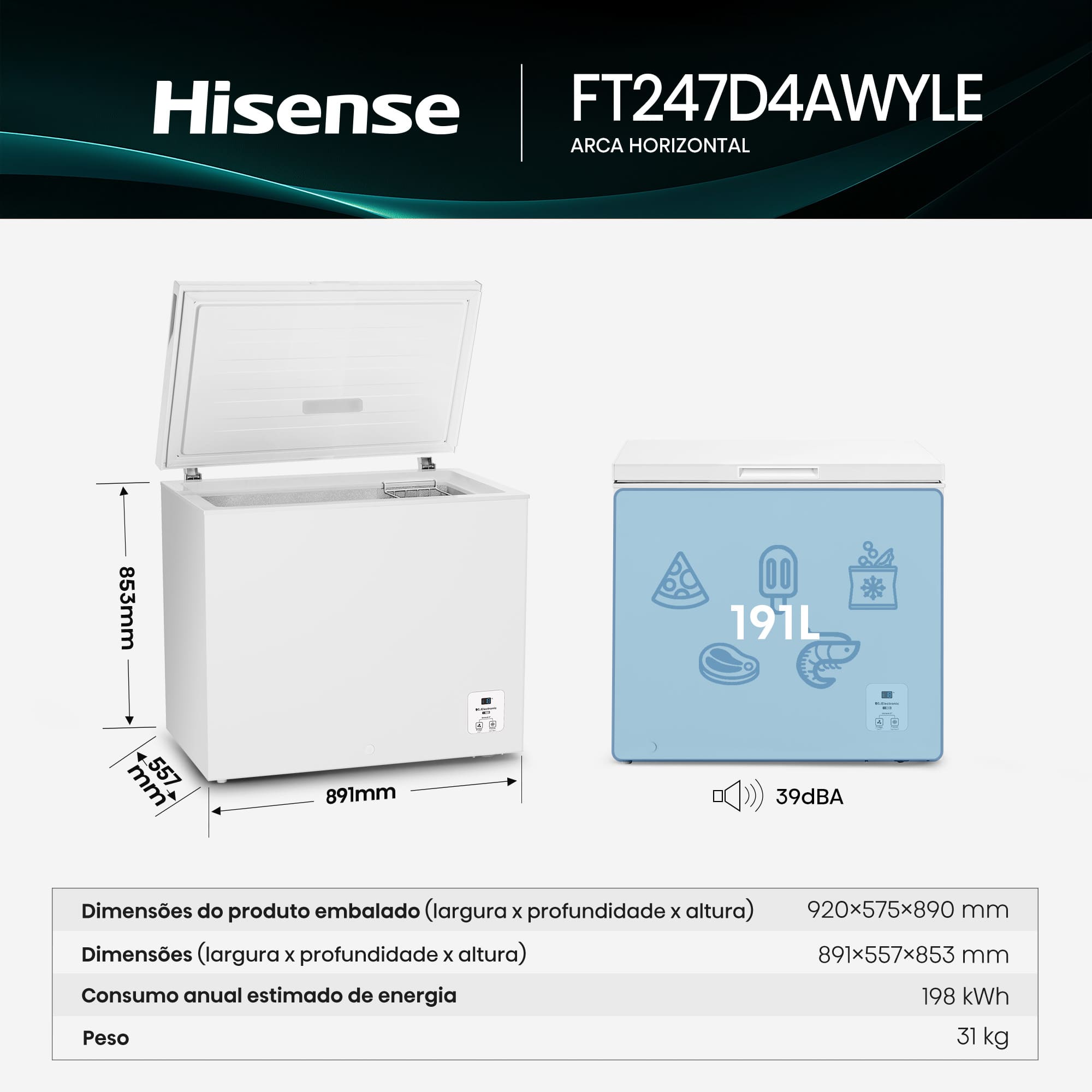 Hisense - FT247D4AWYLE – Arca Horizontal, Classe E, 191L