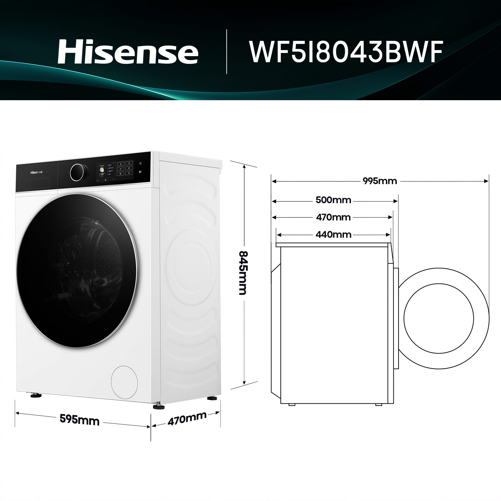 Hisense - WF5I8043BWF – Máquina de Lavar Roupa Serie 5i, 8Kg, Classe A