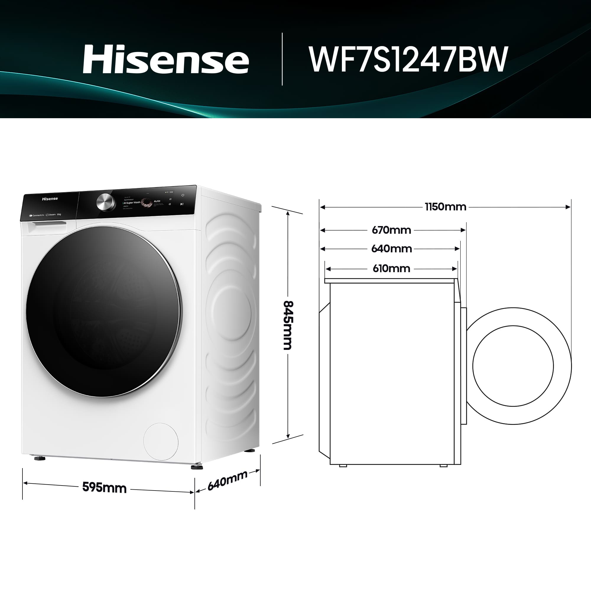Hisense - WF7S1247BW – Máquina de Lavar Roupa Serie 7S, 12Kg, Classe A