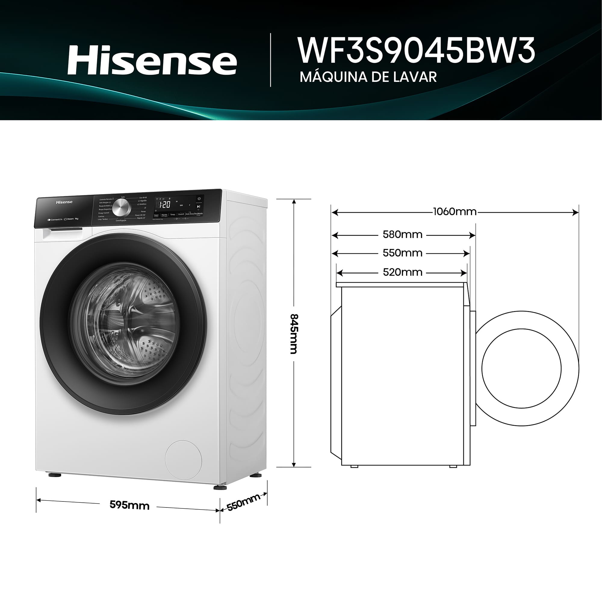 Hisense - WF3S9045BW3 – Máquina de Lavar Roupa Serie 3S, 9Kg, Classe A -30%