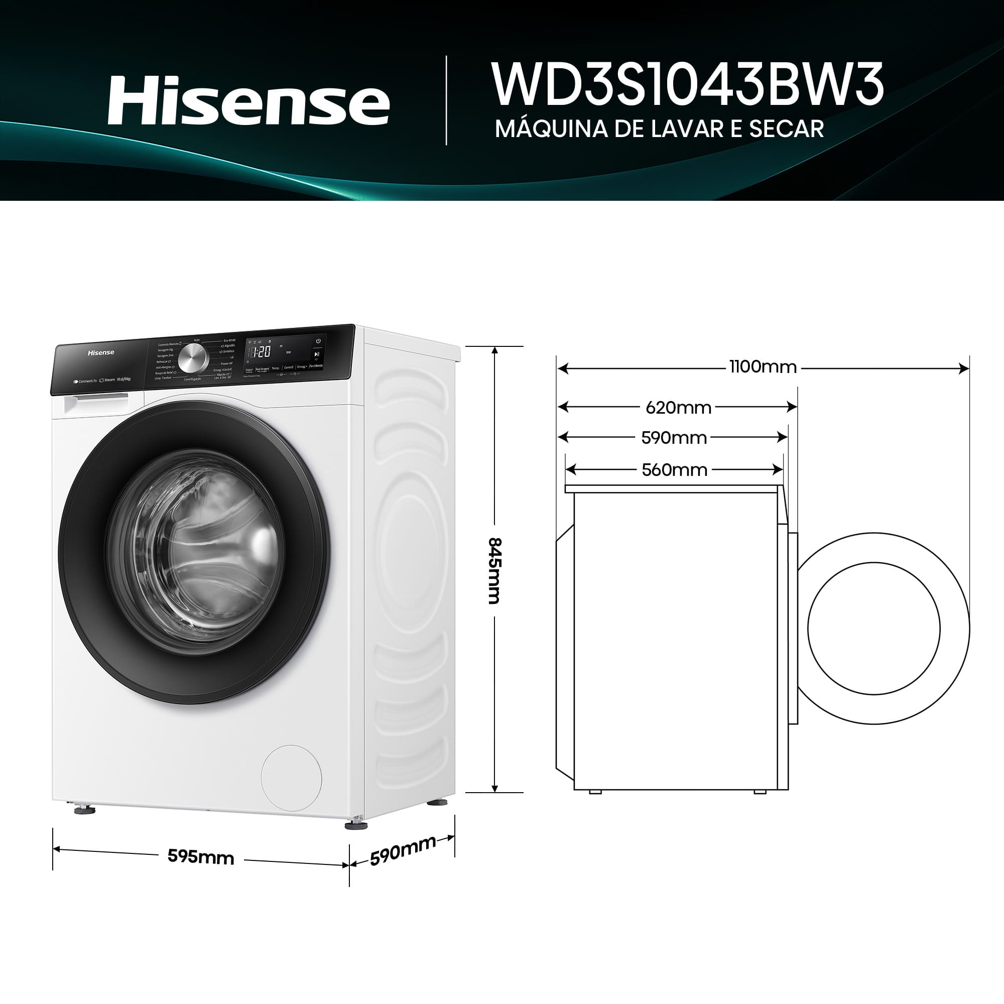 Hisense - WD3S1043BW3 – Máquina de Lavar e Secar Roupa Serie 3S, 10,5/6 Kg, Classe D/A -20%
