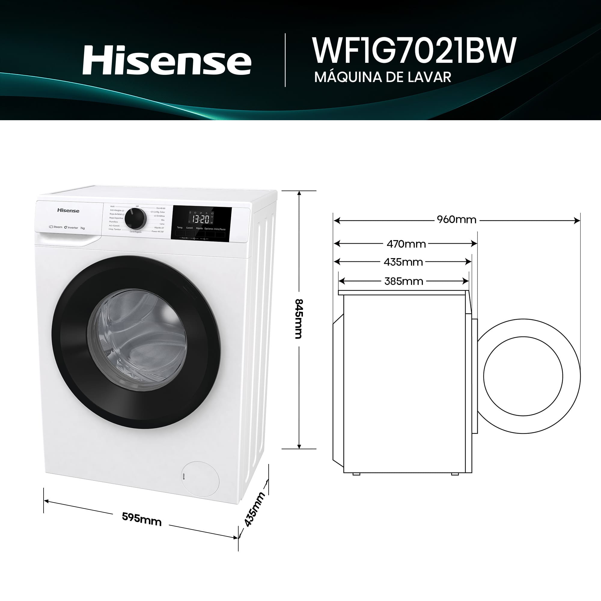 Hisense - WF1G7021BW – Máquina de Lavar Roupa Serie 1Q, 7Kg, Classe B