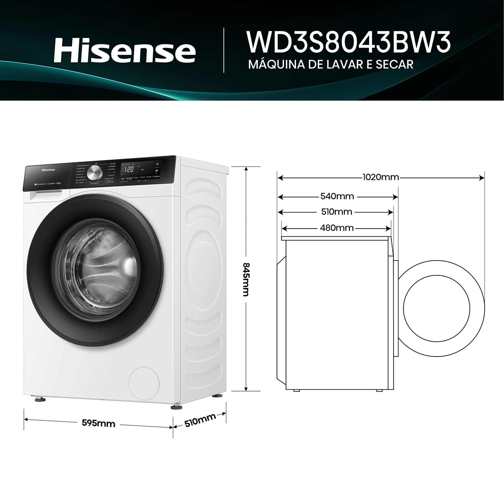 Hisense - WD3S8043BW3 – Máquina de Lavar e Secar Roupa Serie 3S, 8/5 Kg, Classe D/A -30%