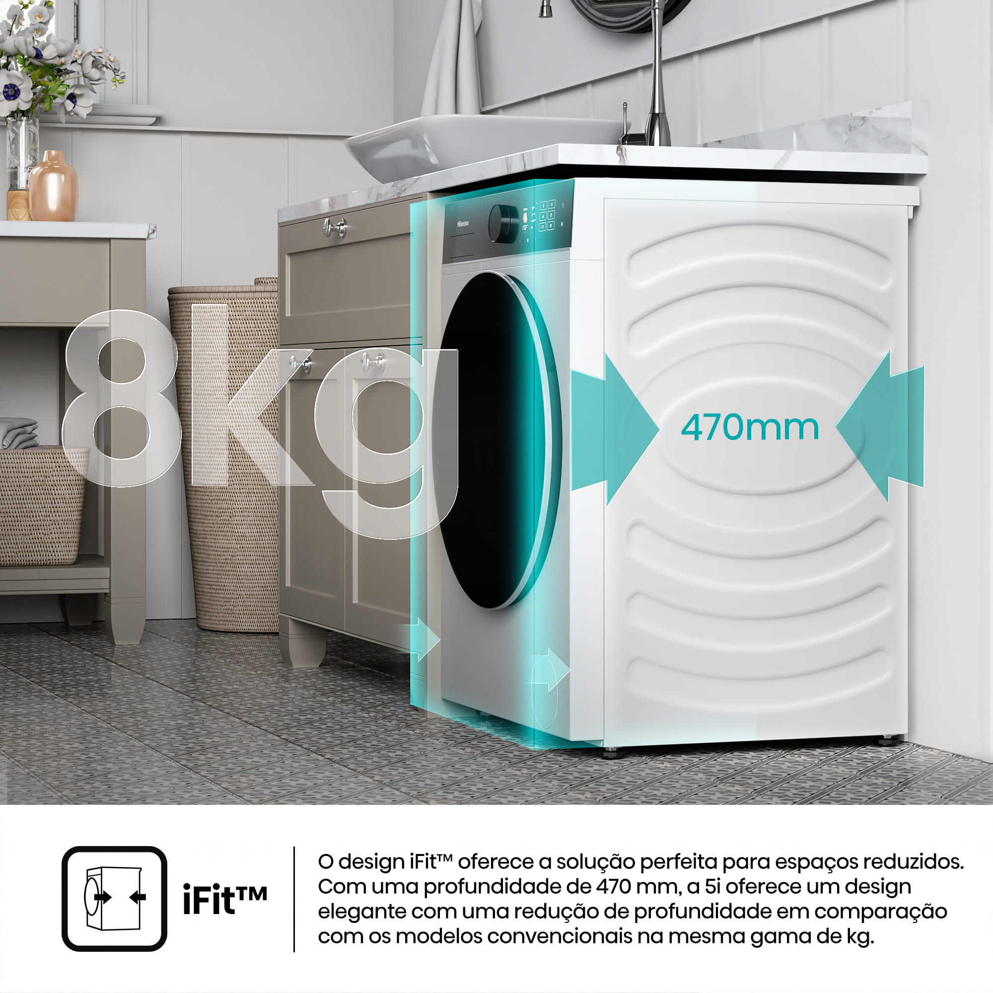 Hisense - WF5I8043BWF – Máquina de Lavar Roupa Serie 5i, 8Kg, Classe A