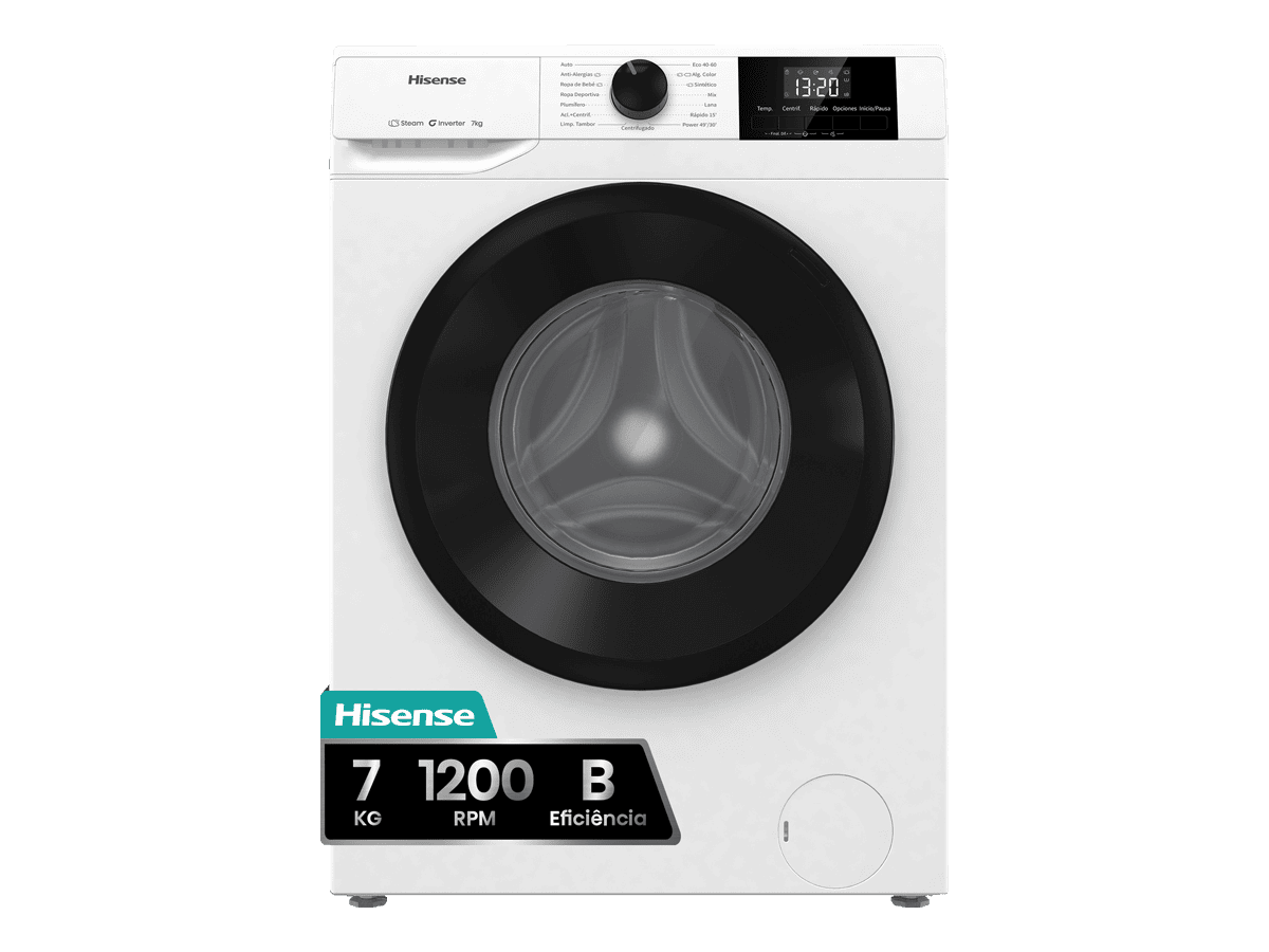 Hisense - WF1G7021BW – Máquina de Lavar Roupa Serie 1Q, 7Kg, Classe B, Tecnologia Inverter, Função Vapor, Prog. Rápido, 
