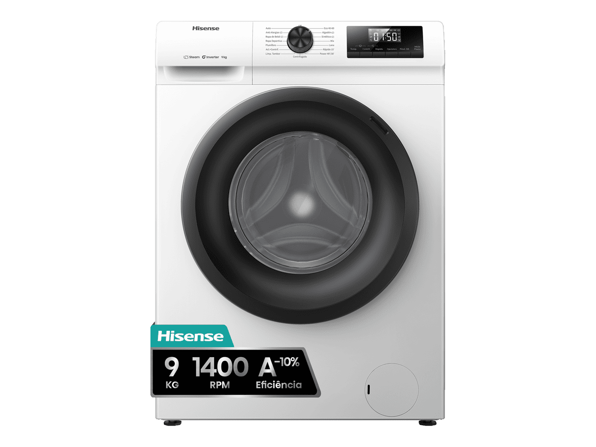Hisense - WF1Q9041BW – Máquina de Lavar Roupa Serie 1Q, 9Kg, Classe A -10%, Tecnologia Inverter, Função Vapor, Prog. Rápido, 