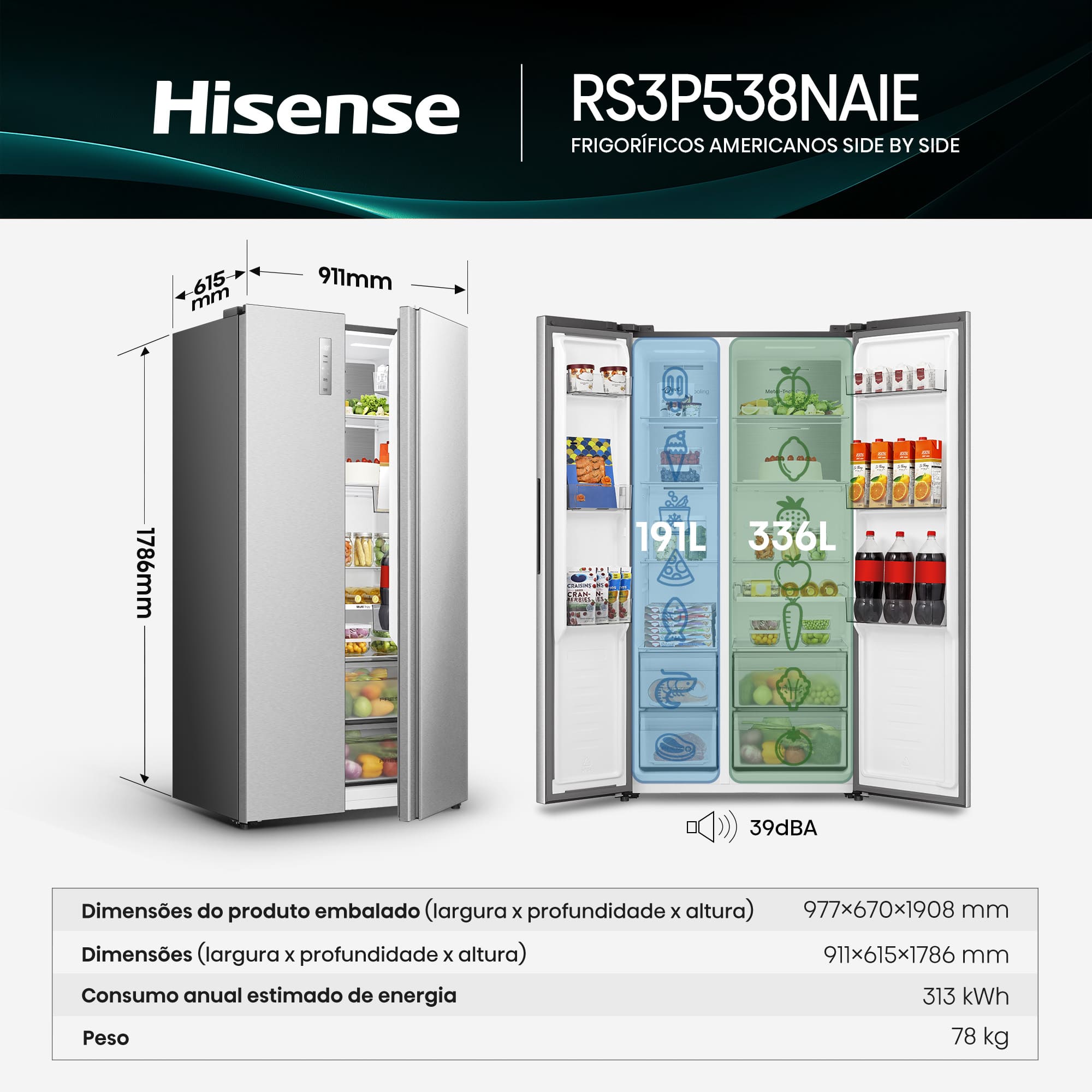 Hisense - RS3P538NAIE – Frigorífico Americano Side By Side Kitchen Fit, Classe E, 527L