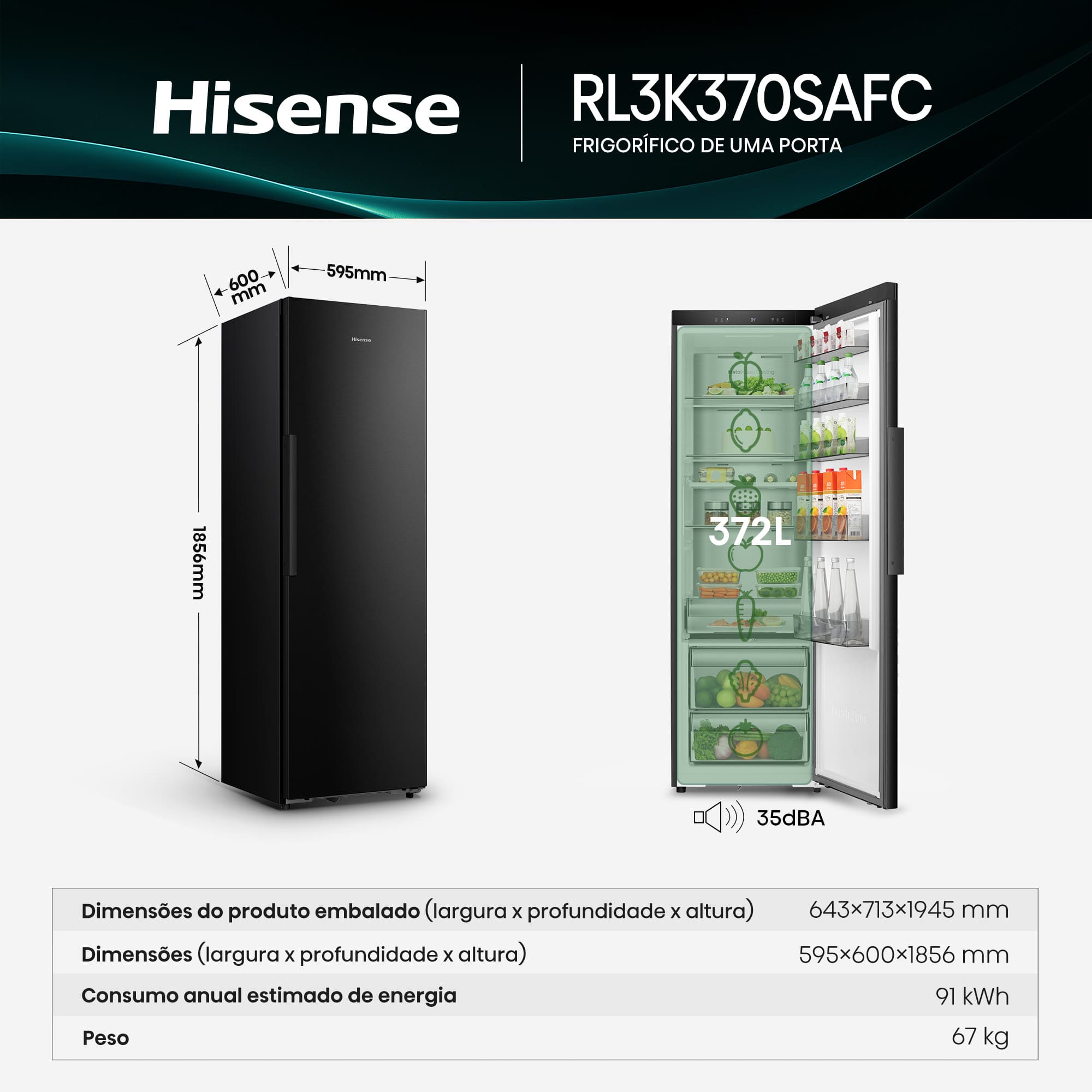 Hisense - RL3K370SAFC – Frigorífico 1 Porta Kitchen Fit, Classe C, 372L
