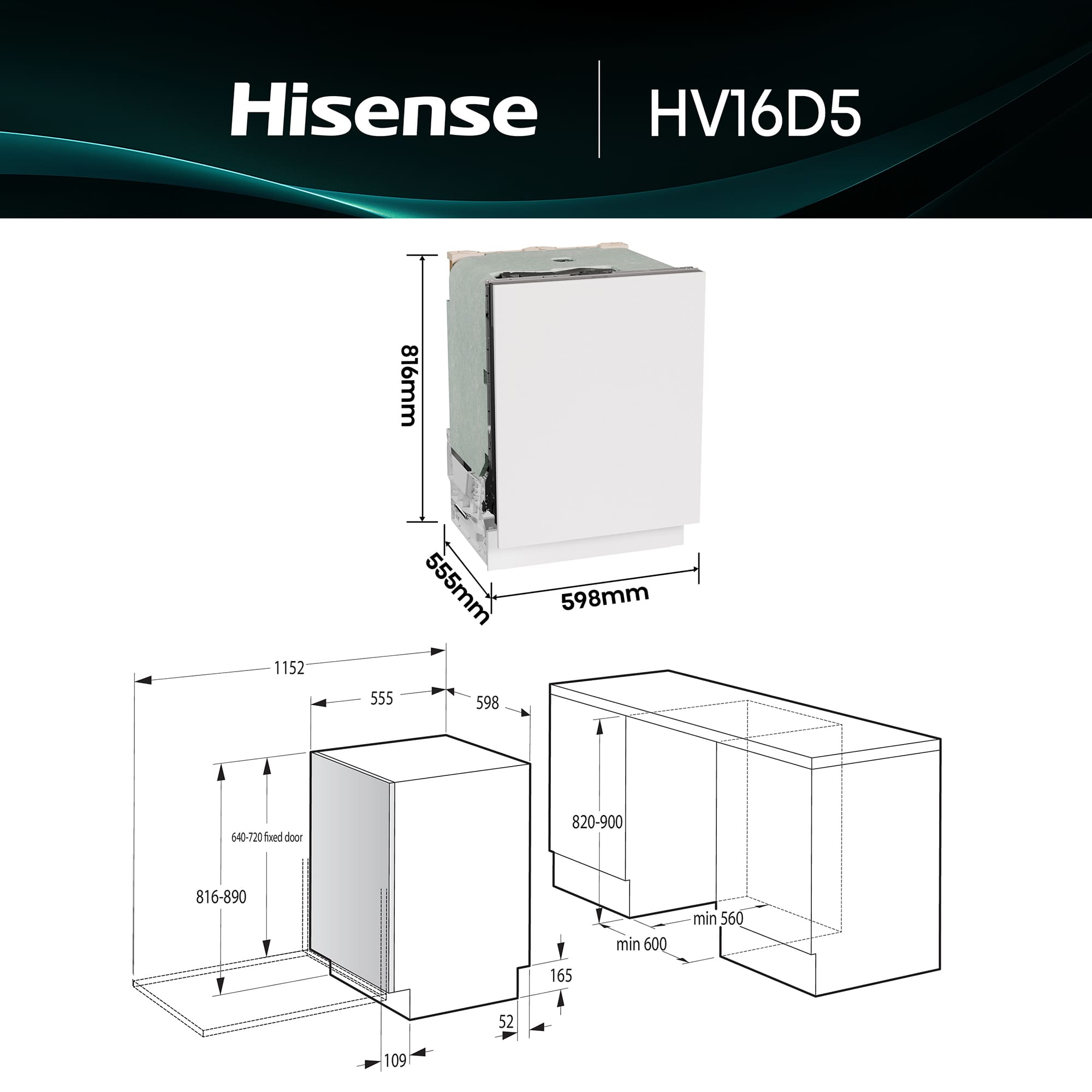 Hisense - HV16D5 – Máquina de Lavar Loiça de Encastre 16 conjuntos, Classe D