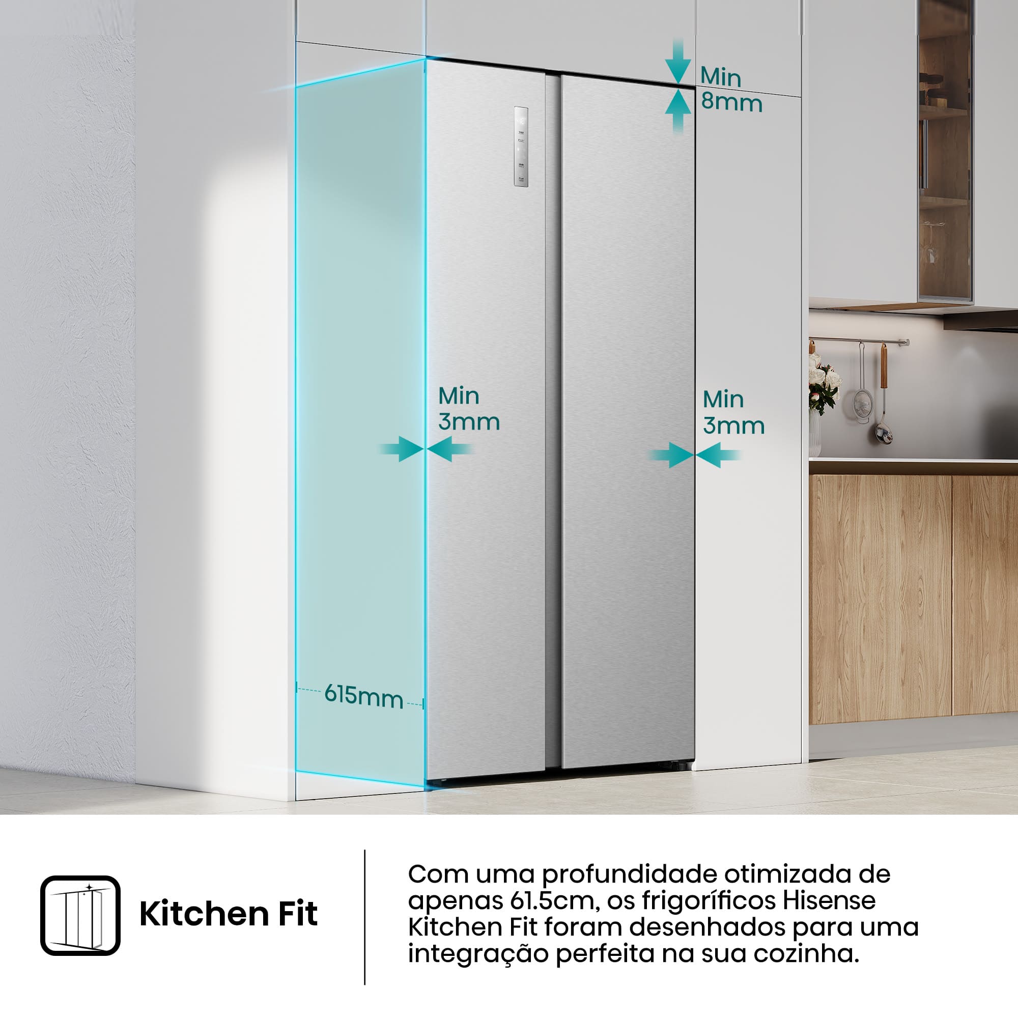 Hisense - RS3P538NAIE – Frigorífico Americano Side By Side Kitchen Fit, Classe E, 527L