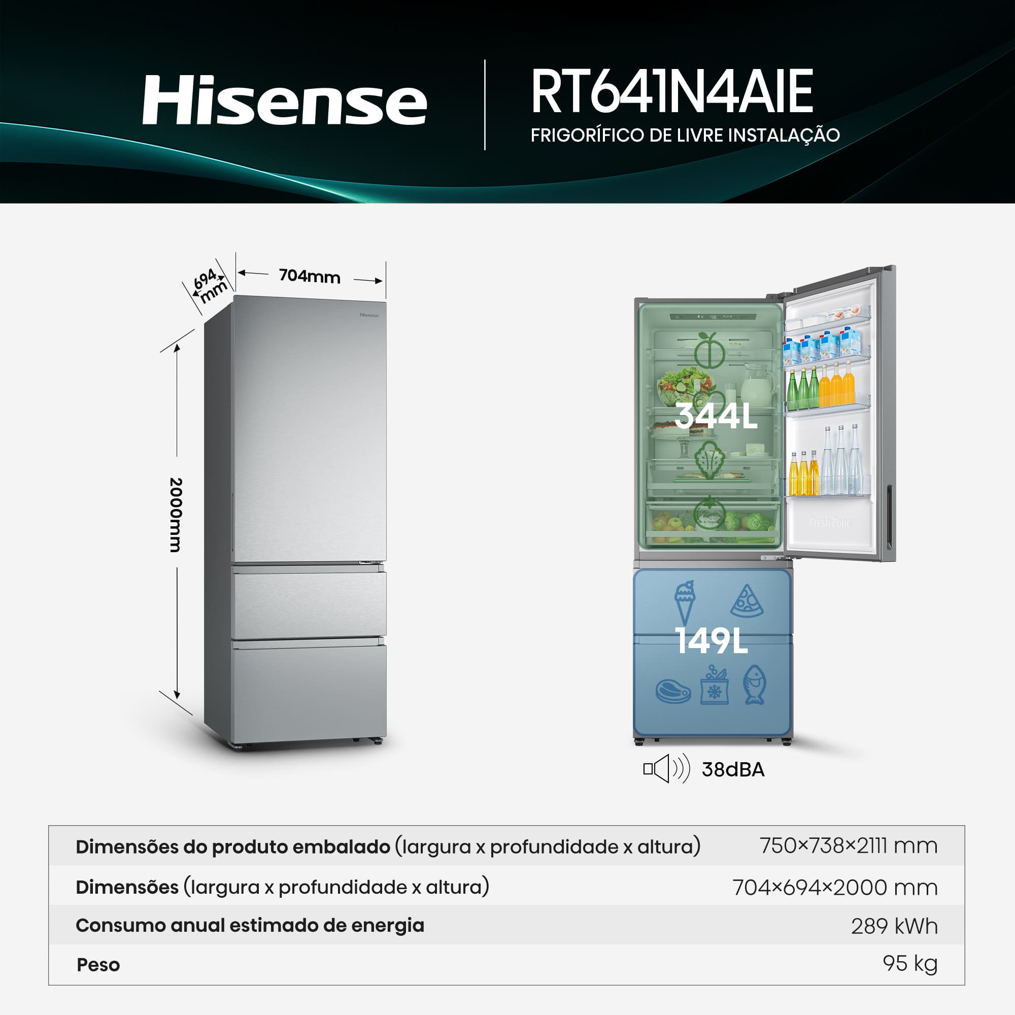 Hisense - RT641N4AIE – Combinado 3 Portas, Classe E, 493L