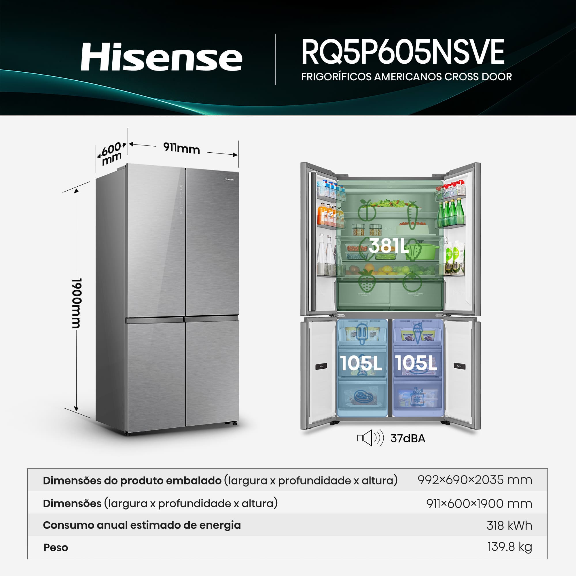 Hisense - RQ5P605NSVE – Frigorífico Americano Cross Door Kitchen Fit, Classe E, 591L