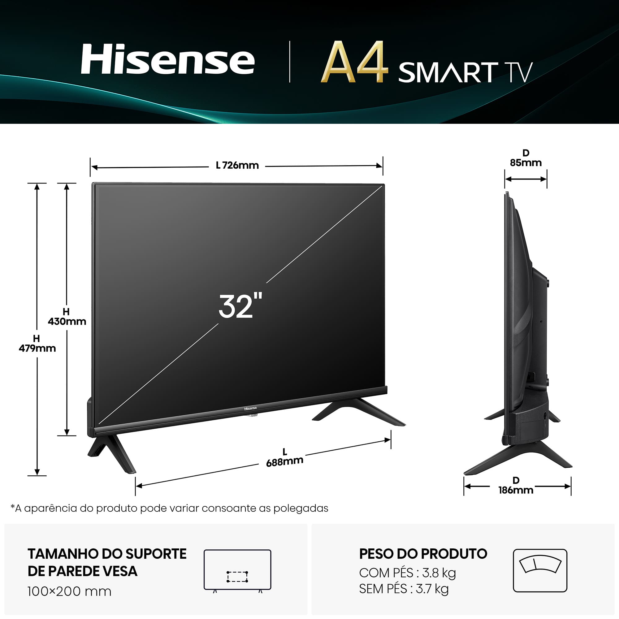 Hisense - 32A4Q: Smart TV HD 32 polegadas, TV com Modo Jogo e som Dolby MS12