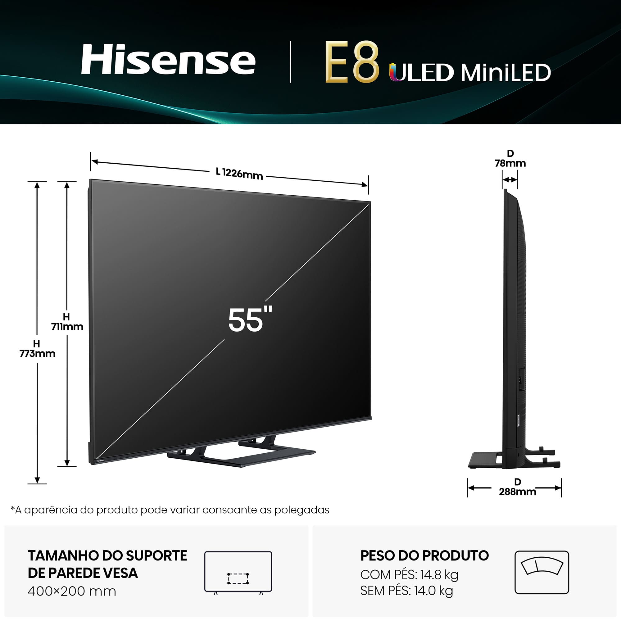 Hisense - Mini-LED TV 55E8Q 55’’ com Quantum Dot