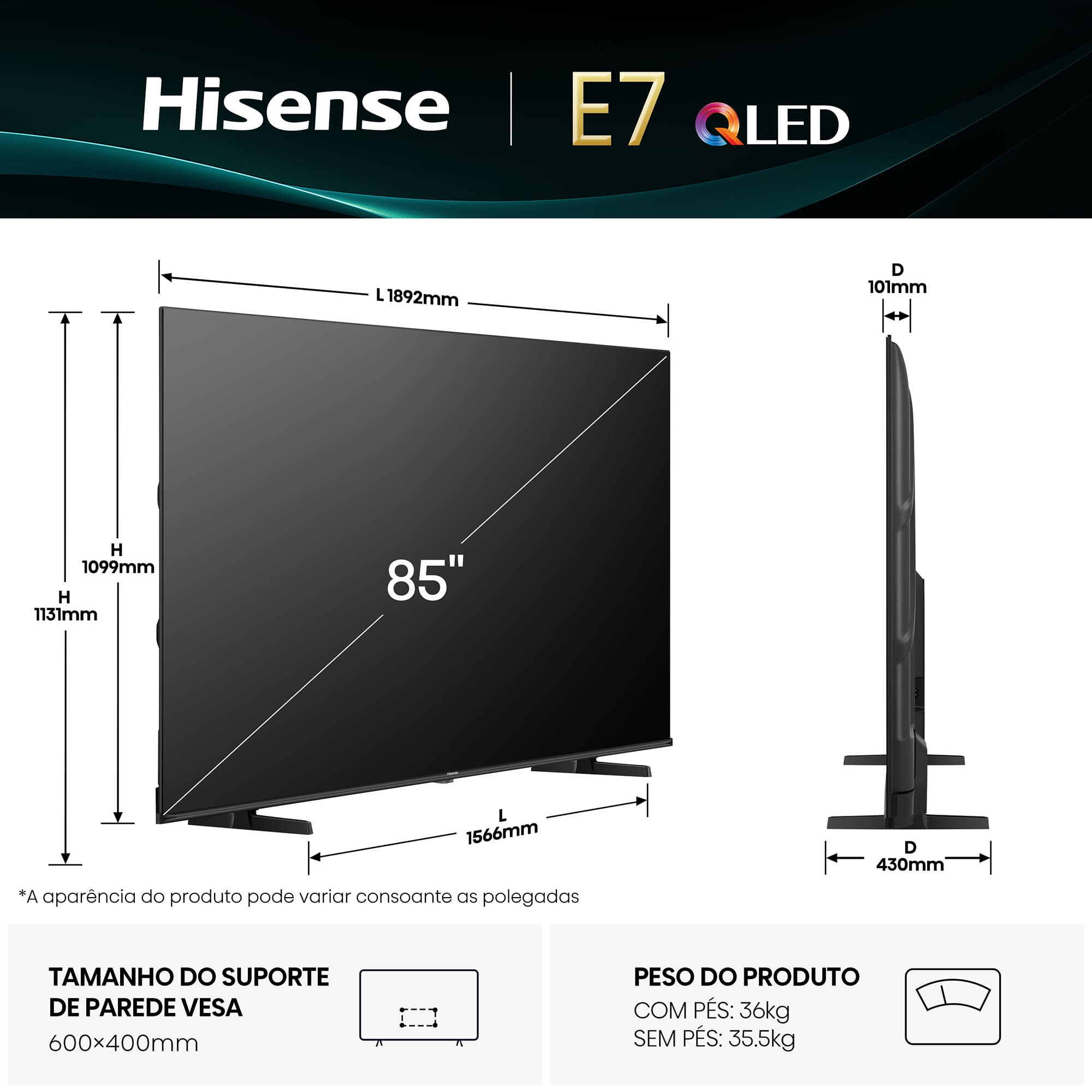 Hisense - QLED Smart TV 85E7Q, 85’’ com Dolby Vision & Atmos