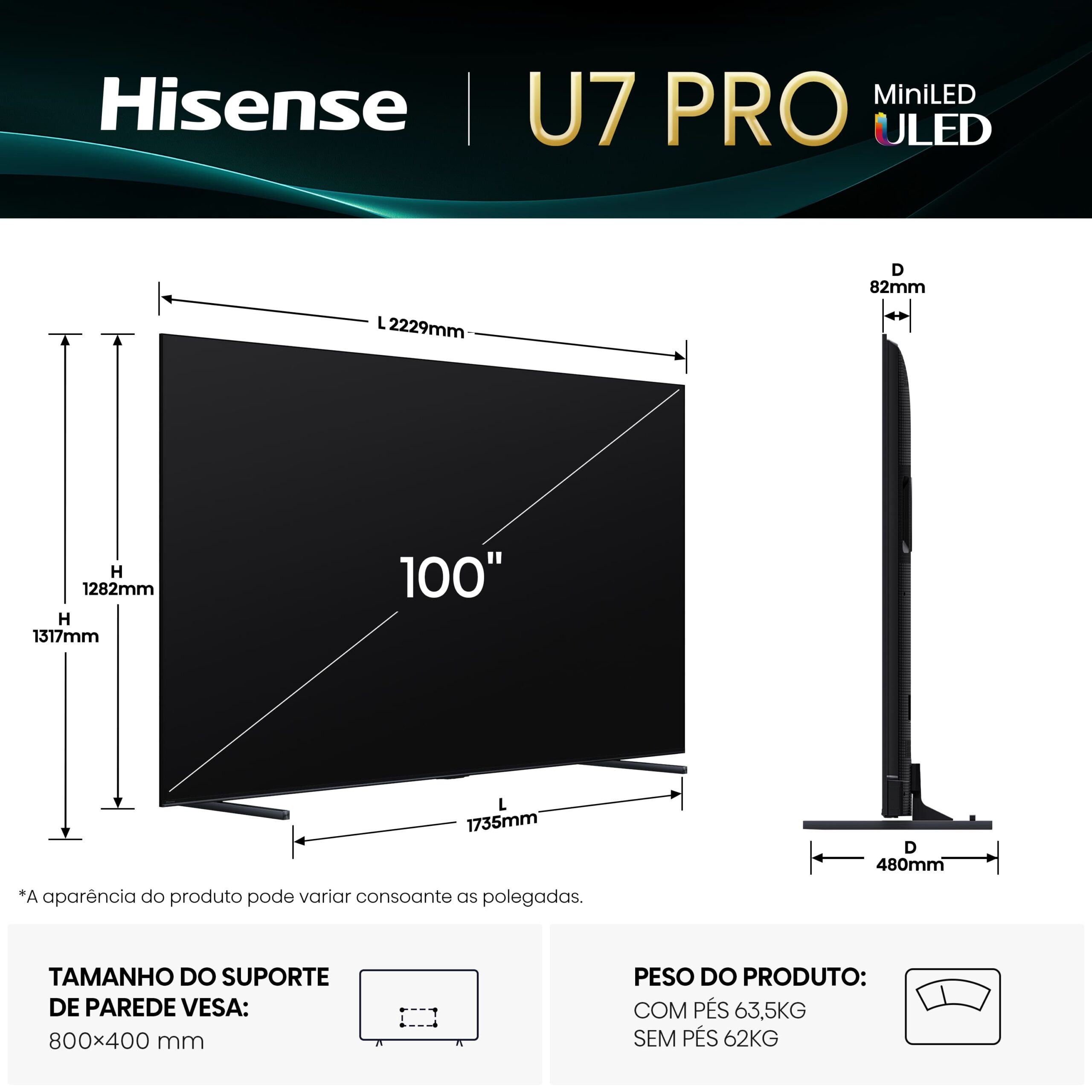 Hisense - Série U7Q Pro Mini-Led TV 100U7Q Pro Smart TV 100 Polegadas, com Quantum Dot Colour