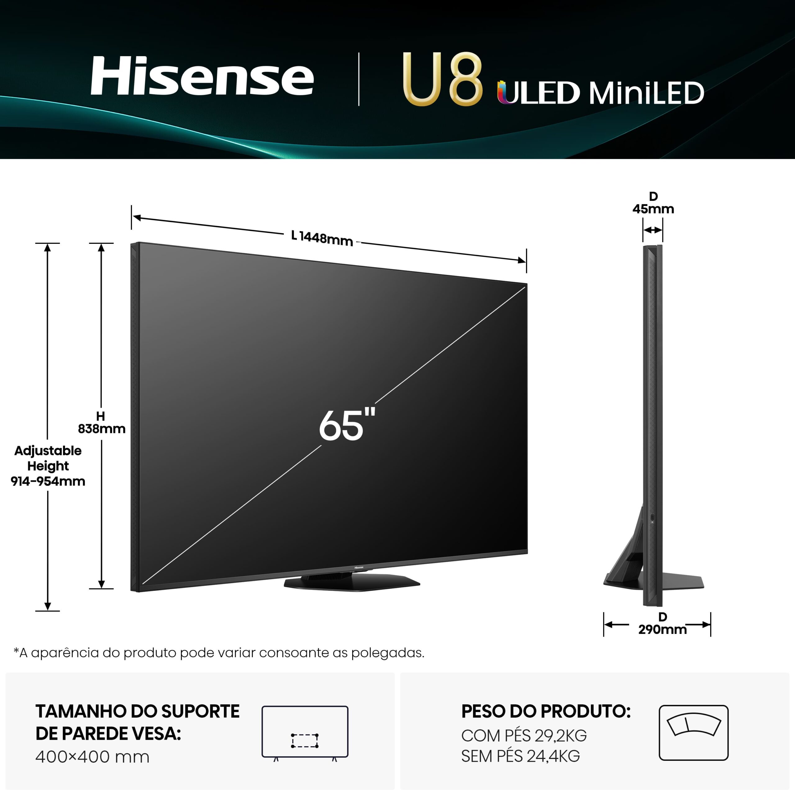 Hisense - Série U8Q Mini-Led TV 65U8Q Smart TV 65 Polegadas, TV com Quantum Dot Colour
