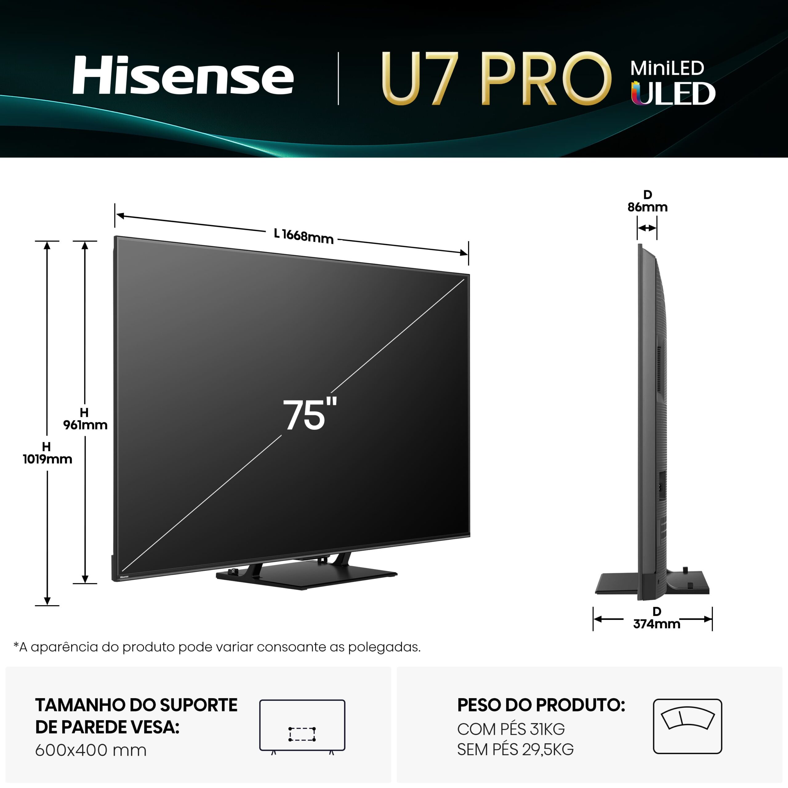 Hisense - Série U7Q Pro Mini-Led TV 75U7Q Pro Smart TV 75 Polegadas, com Quantum Dot Colour