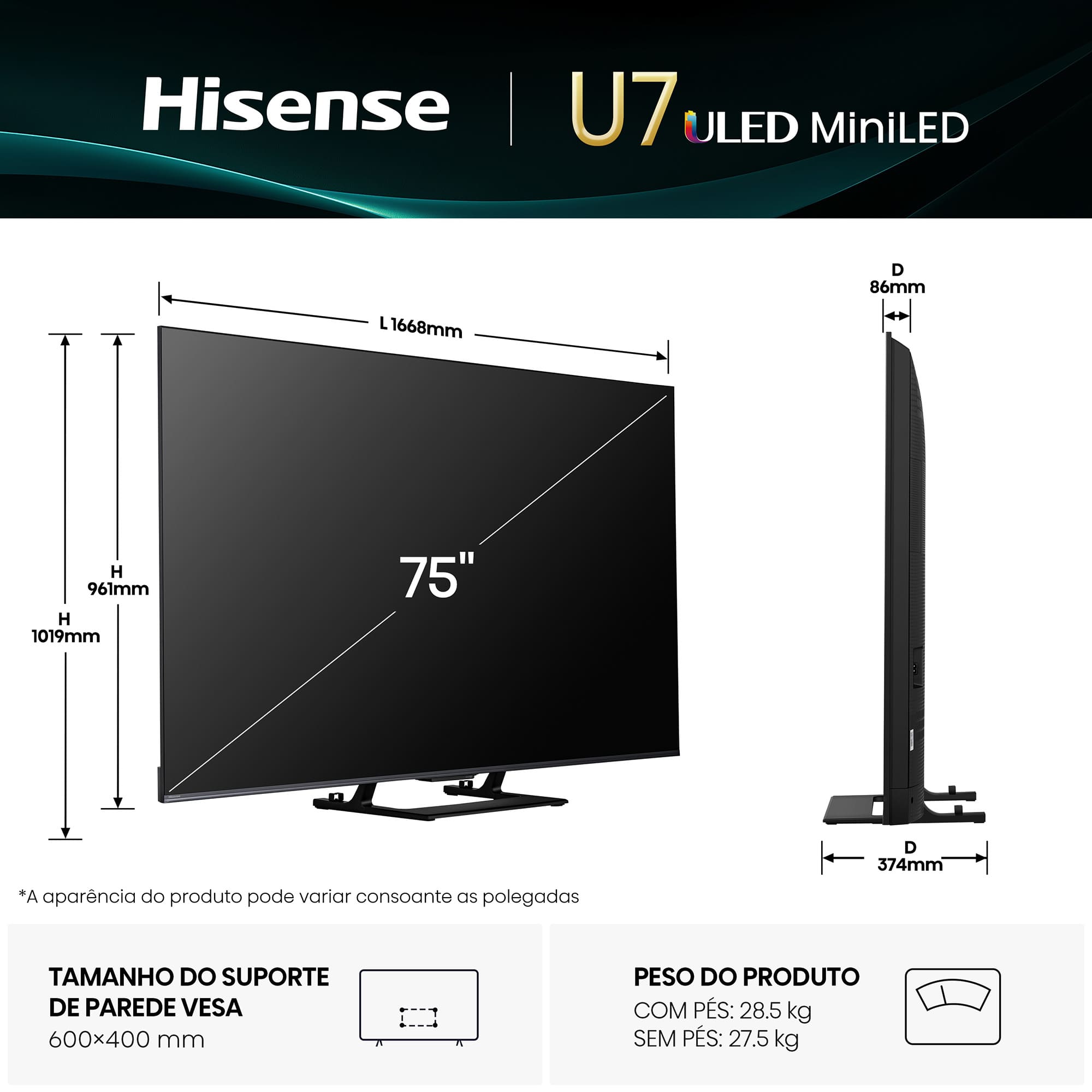 Hisense - Série U7Q Mini-Led TV 75U7Q Smart TV 75 Polegadas, TV com Quantum Dot Colour