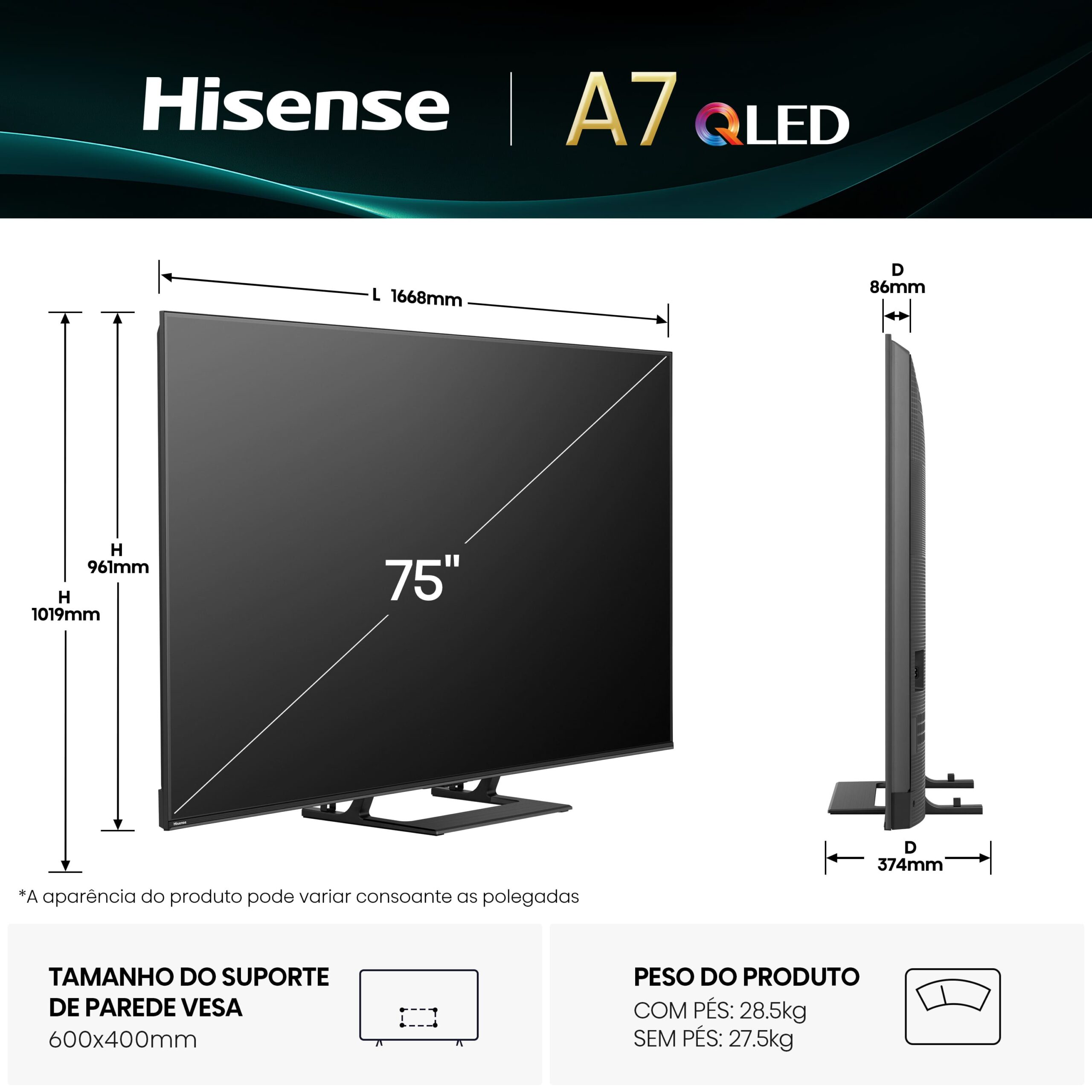 Hisense - Série A7Q QLED TV 75A7Q Smart TV 75 Polegadas TV com Dolby Vision & Atmos