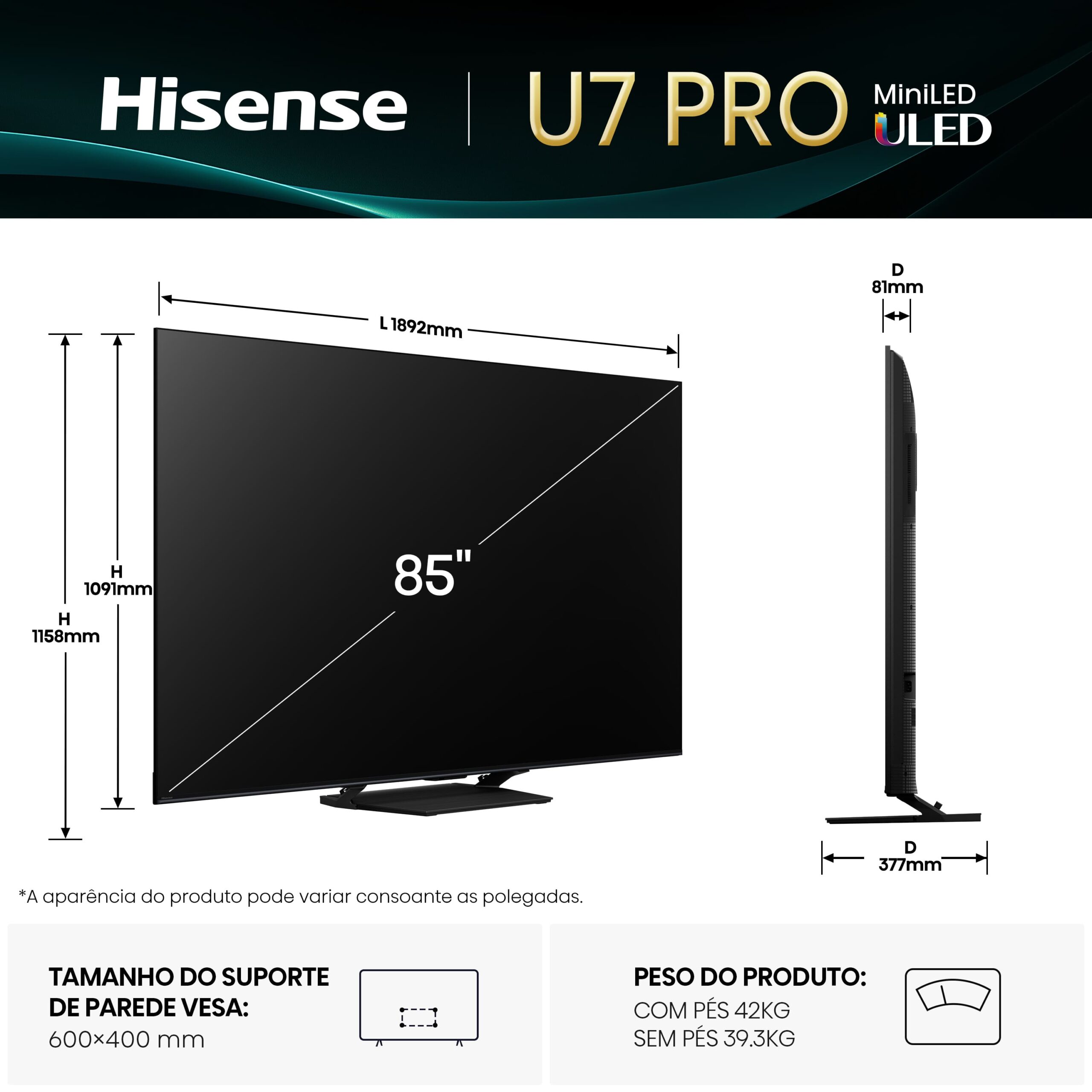 Hisense - Série U7Q Pro Mini-Led TV 85U7Q Pro Smart TV 85 Polegadas, com Quantum Dot Colour