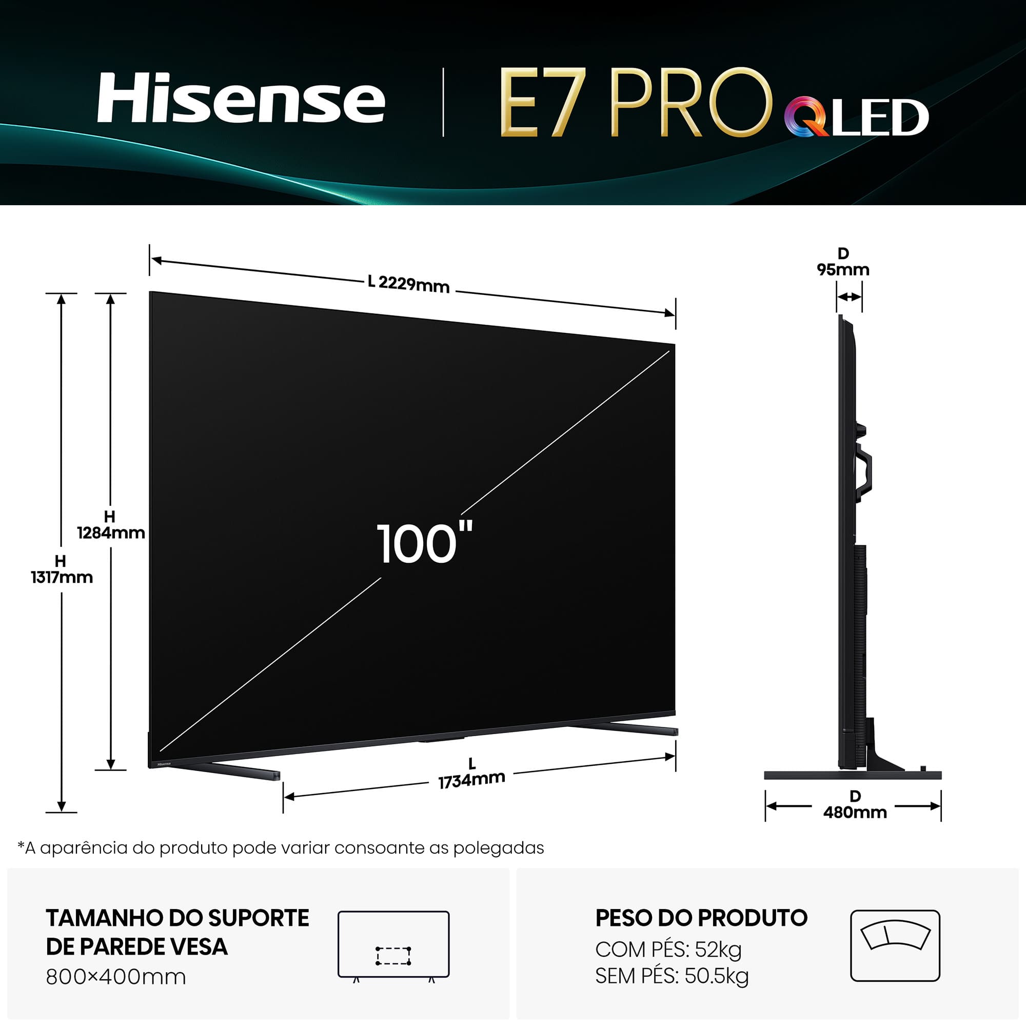 Hisense - Série E7Q PRO QLED TV 100E7Q PRO Gaming TV 100 Polegadas com modo jogo 144Hz