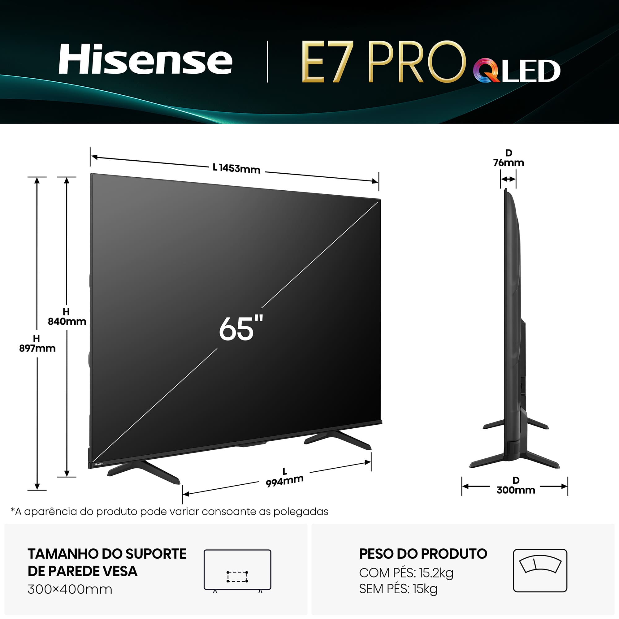 Hisense - Série E7Q PRO QLED TV 65E7Q PRO Gaming TV 65 Polegadas com modo jogo 144Hz